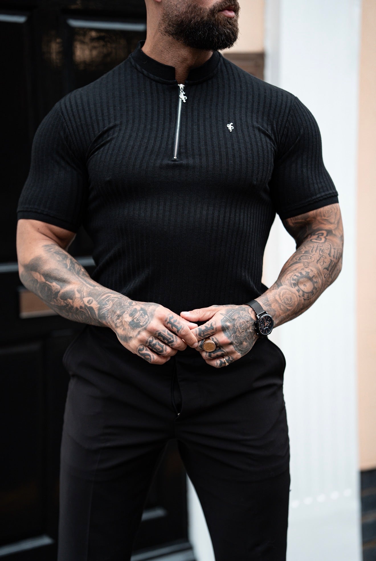 Super Slim Black / Silver Ribbed Zip Grandad Collar Shirt Short Sleeve - FSH1445