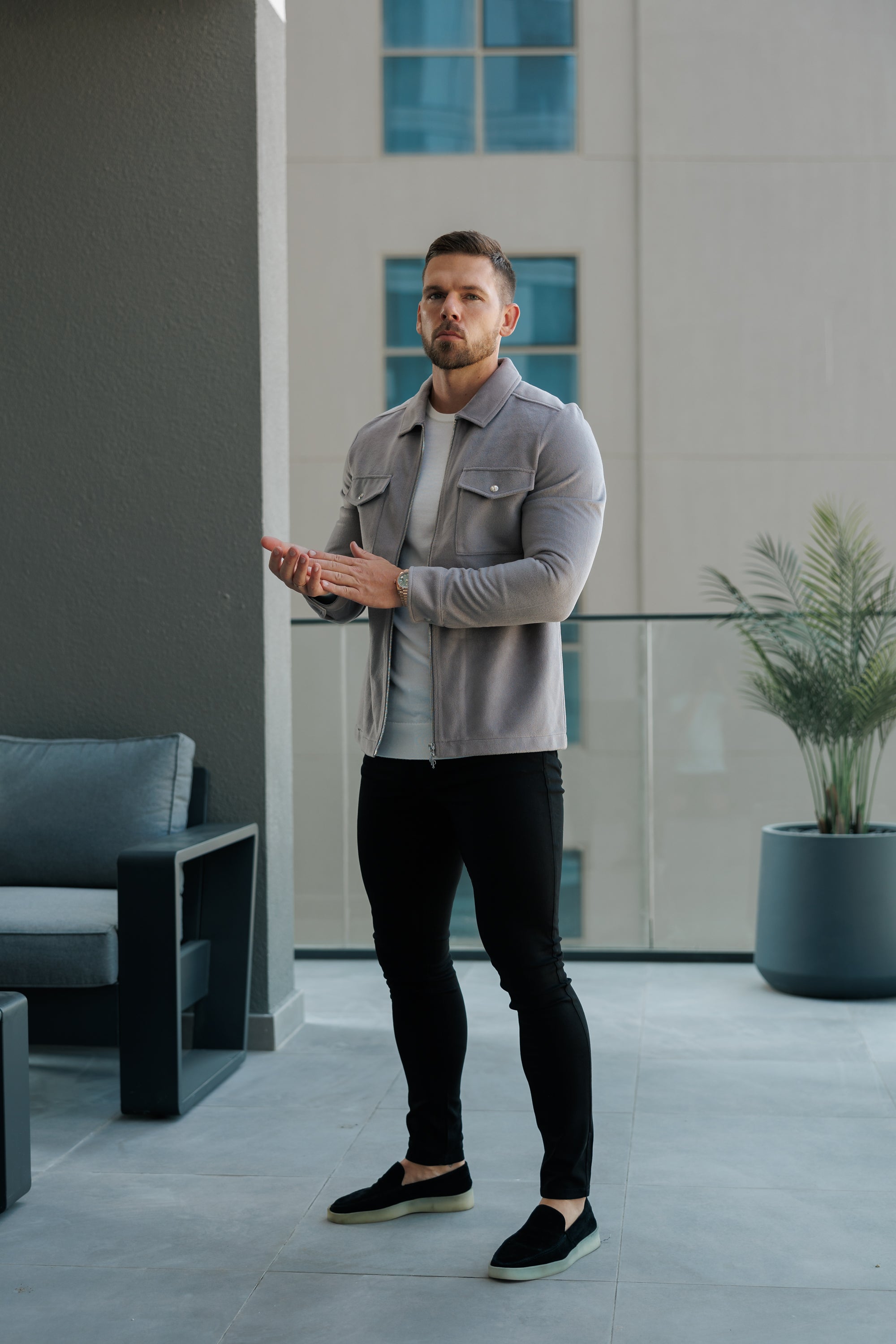 Brushed Zipped Plain Jacket Light Grey - FSN173