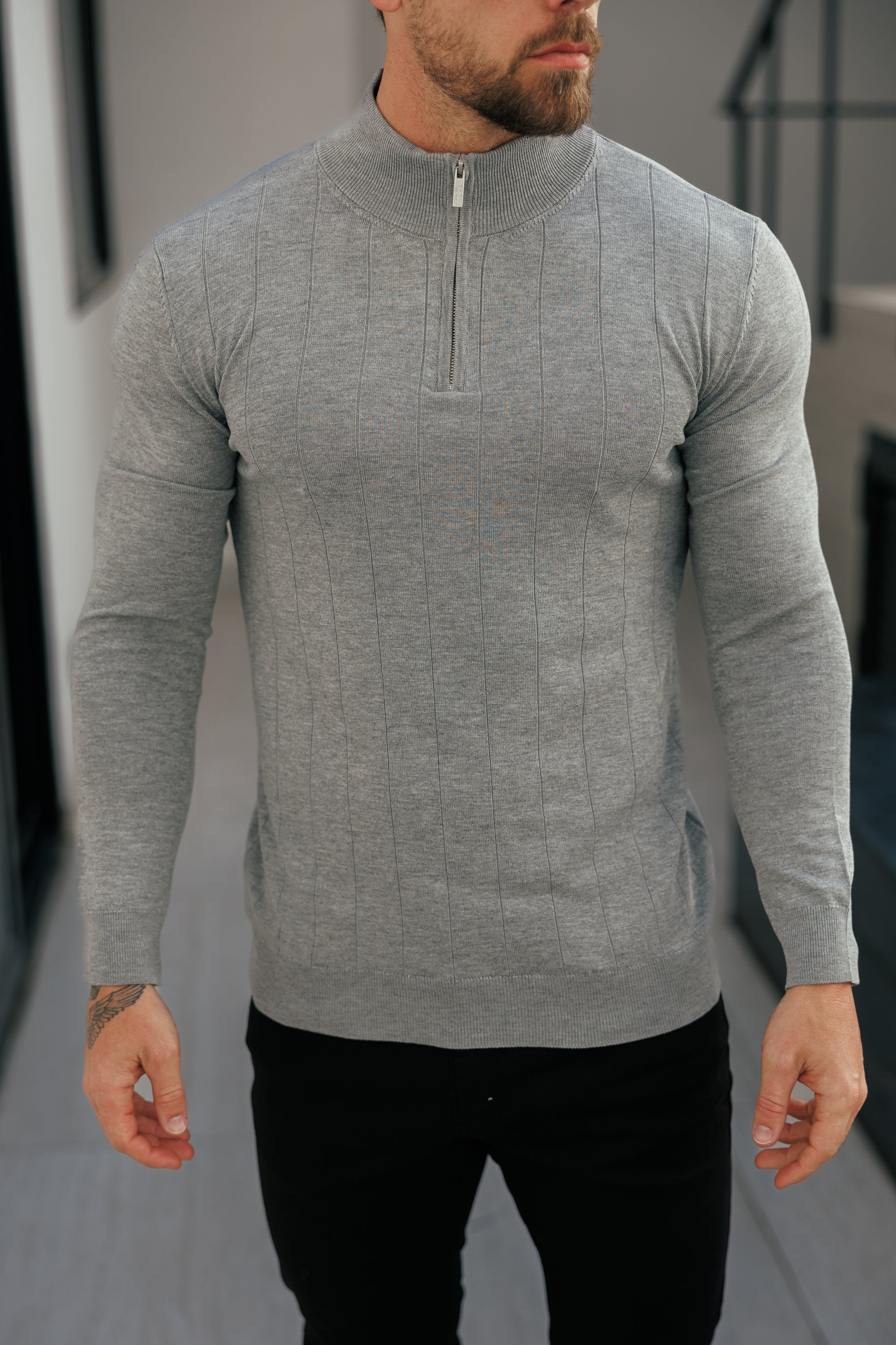 Self Stripe 1/4 Zip Funnel Neck Knit Jumper Light Charcoal Long Sleeve - FSR053