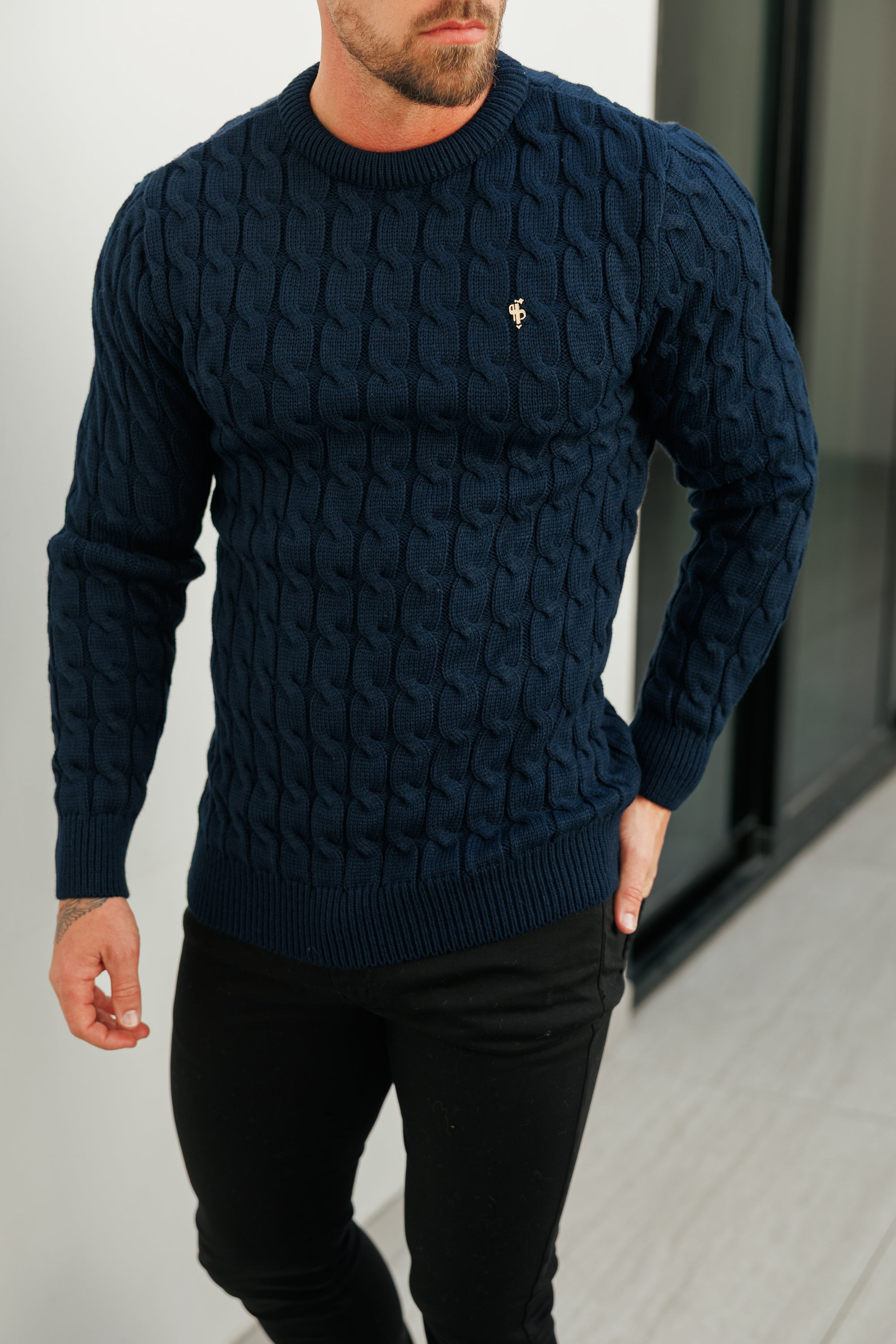 Link Weave Knit Navy Crew Neck Jumper - FSJ125