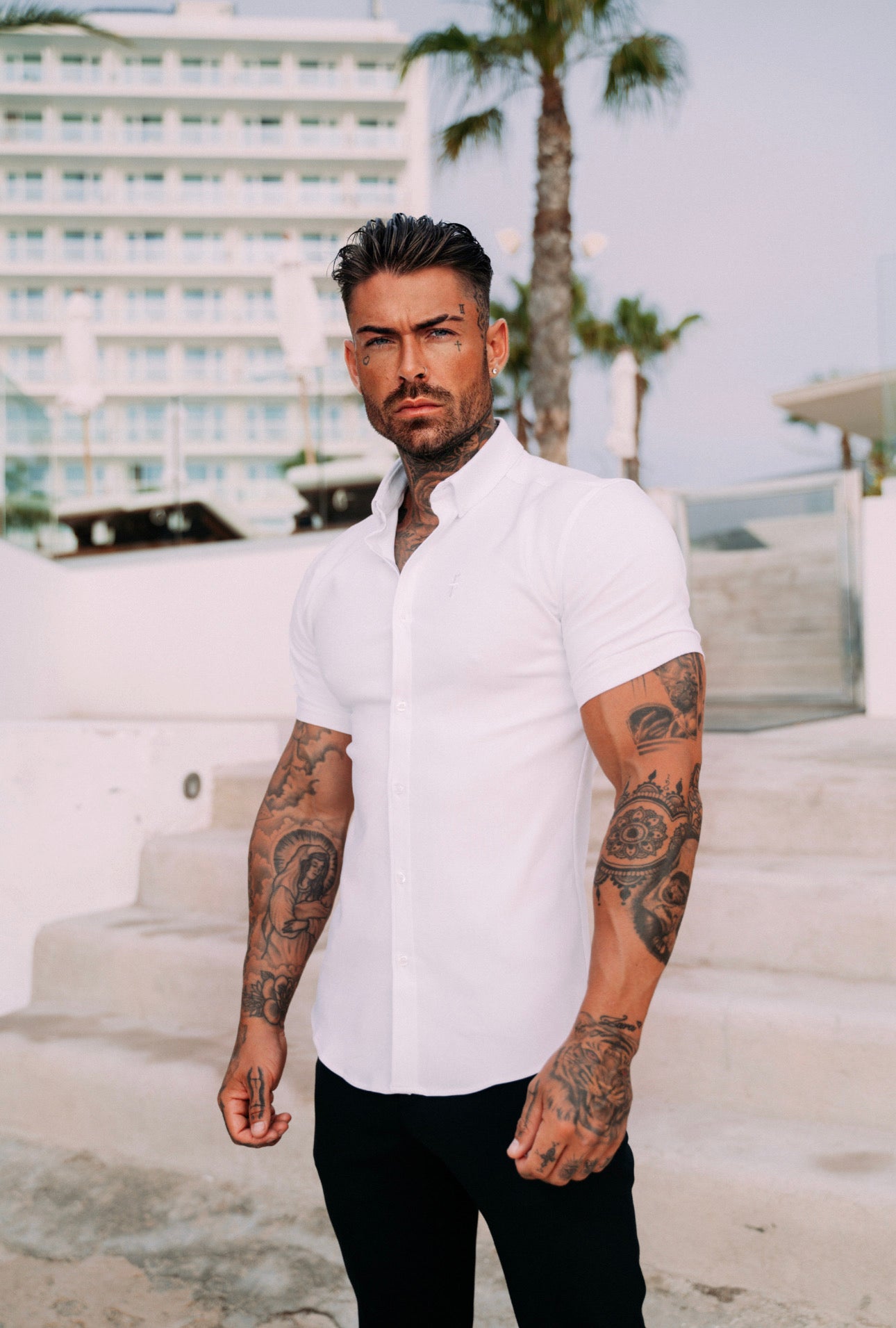 Super Slim Stretch White Tonal Buttons and Embroidery Short Sleeve - FS889
