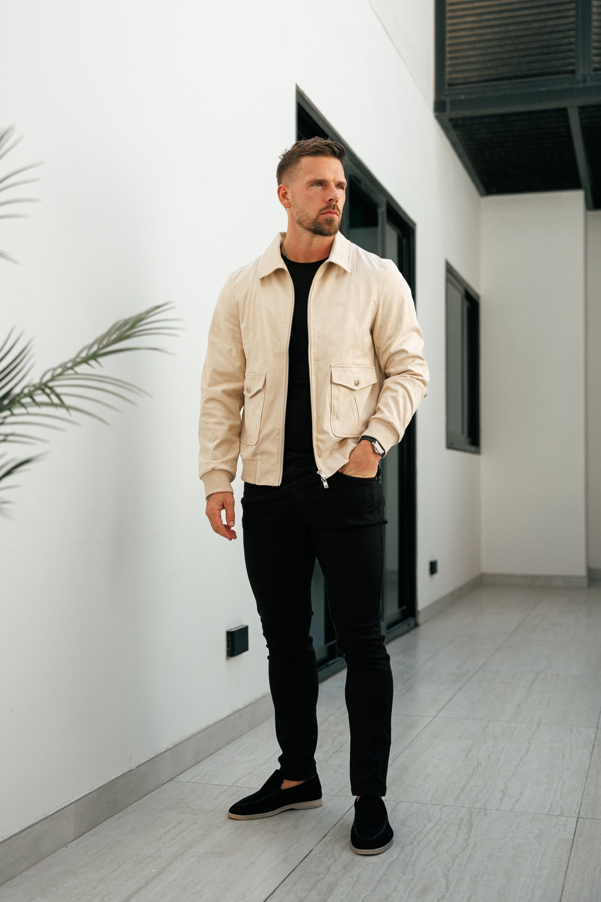 Suede Feel Beige Bomber Jacket - FSN228