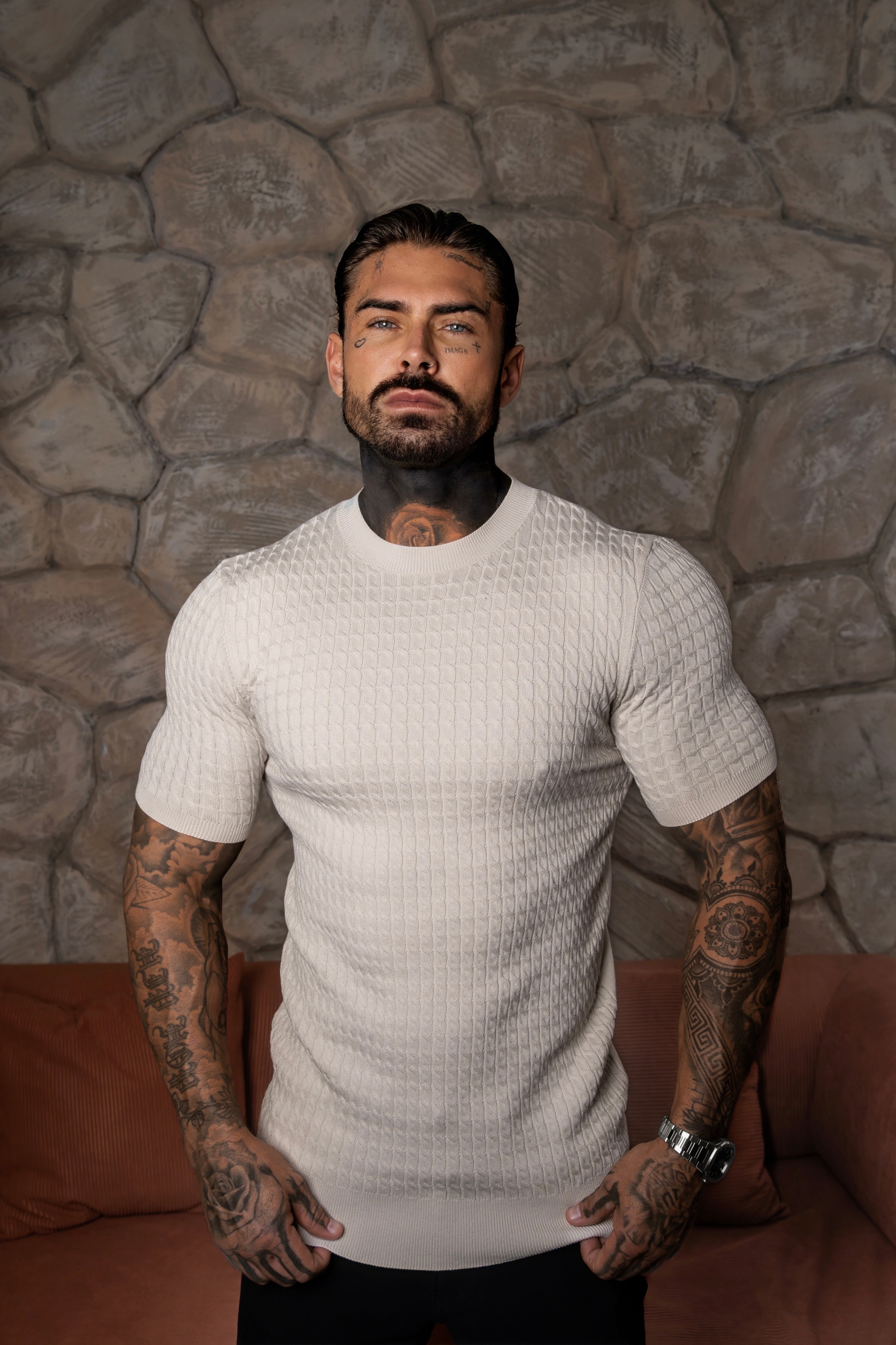 Front Chain Knit Crew Tshirt Cream Short Sleeve - FSR057