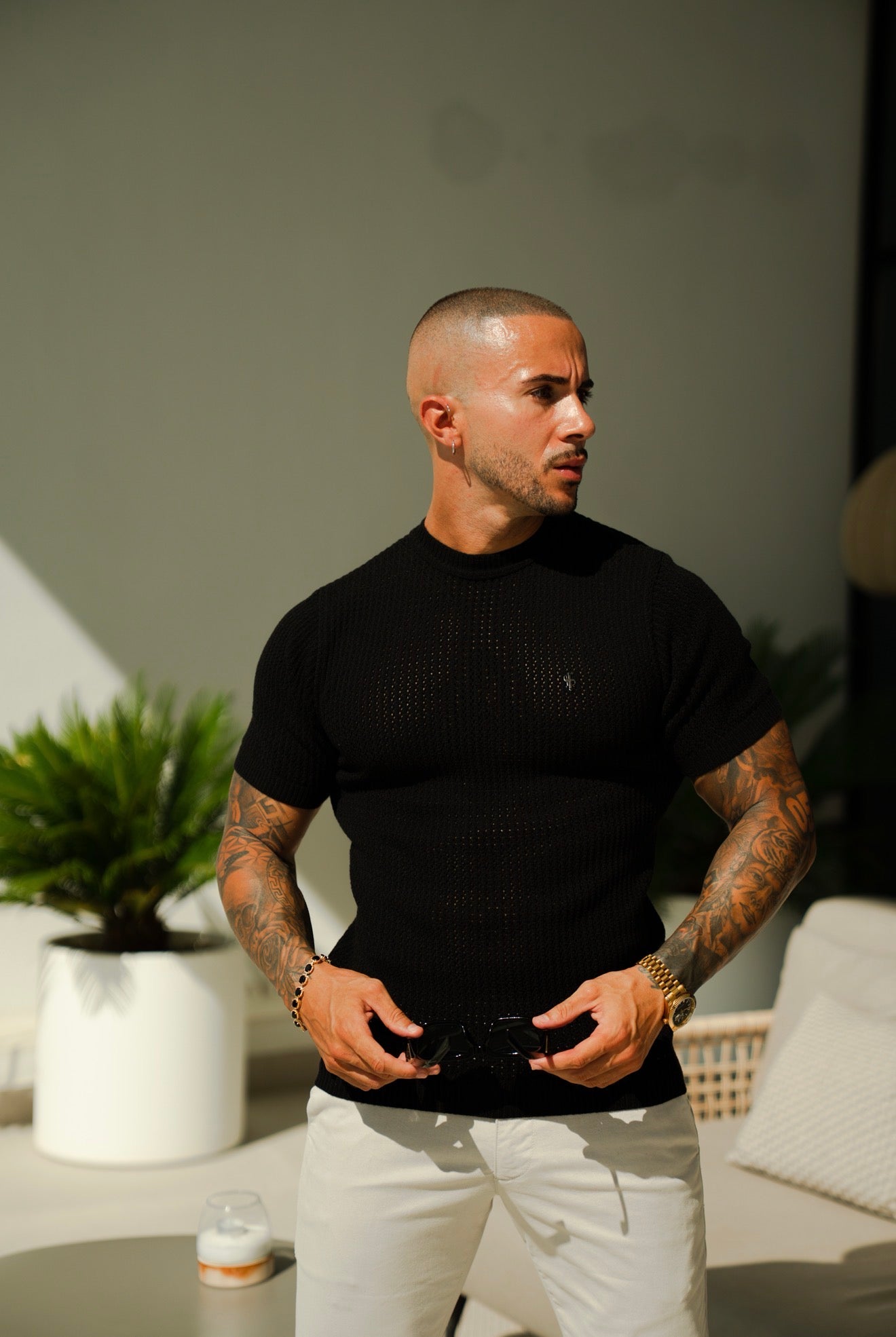 Black Crochet Viscose Plain Knitted Short Sleeve T-Shirt - FSJ183