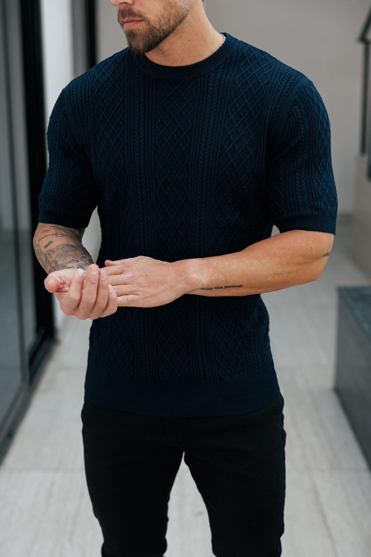Fine Knit Diamond Navy Jumper Short Sleeve - FSA011