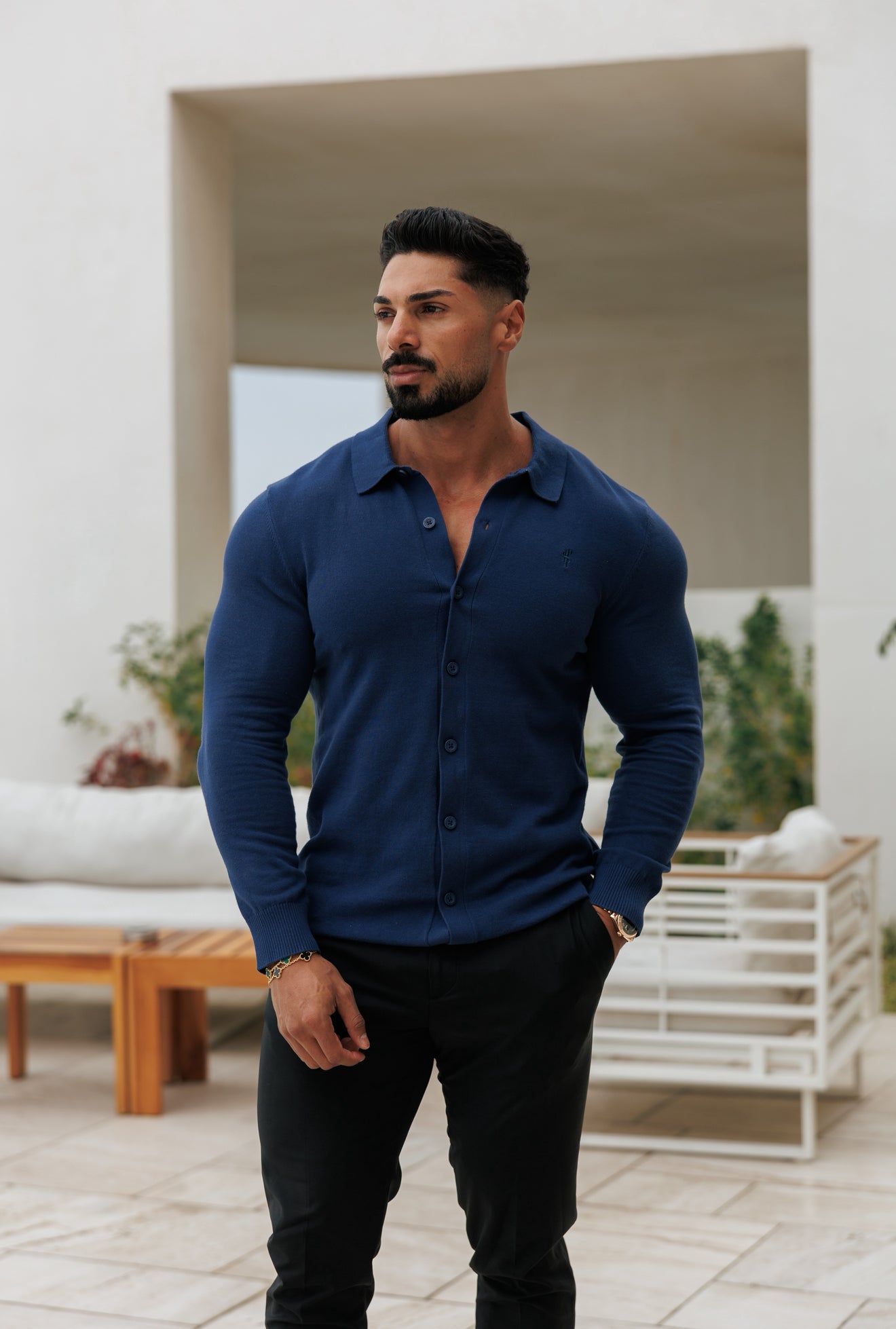 Classic Plain New Navy Knitted Button Through Polo Long Sleeve Sleeve - FSN212