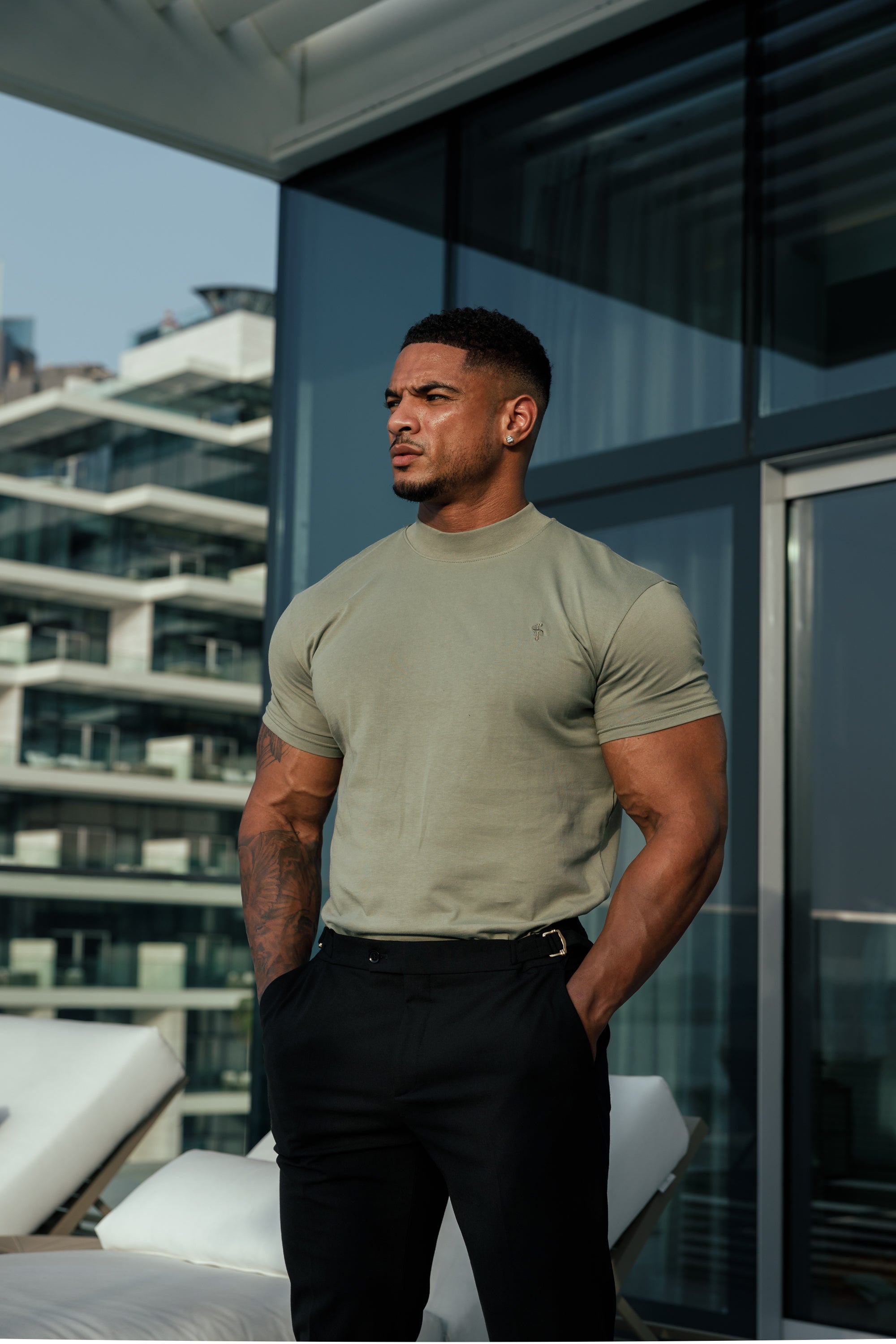 Ribbed High Neck Crew Short Sleeve Olive - FSH1010