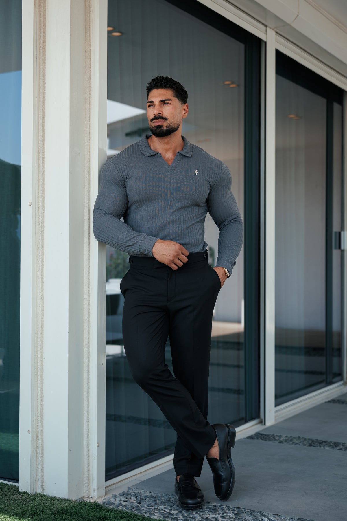 Charcoal / Silver Ribbed Revere Polo Shirt Long Sleeve - FSH1462