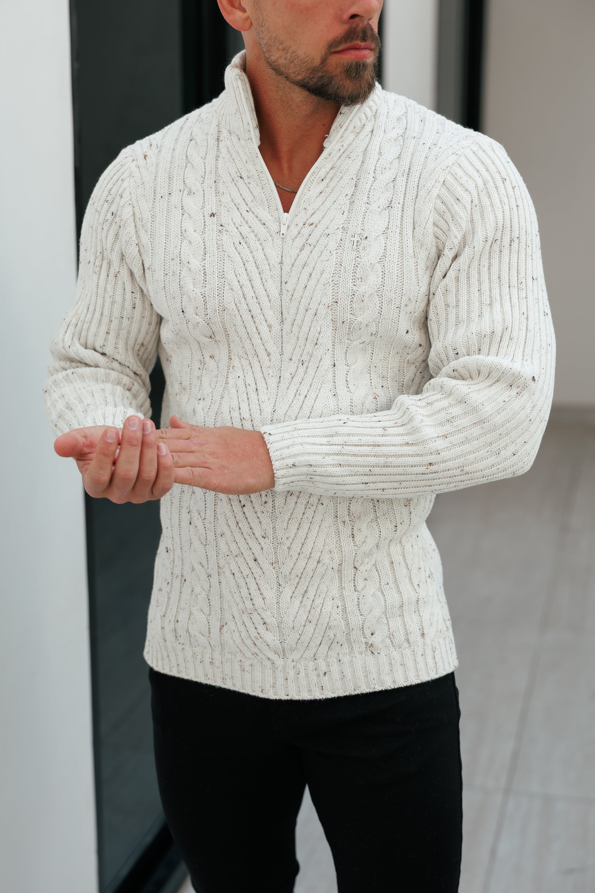 Funnel Neck Jumper with Quarter Zip Beige Fleck - FSJ156