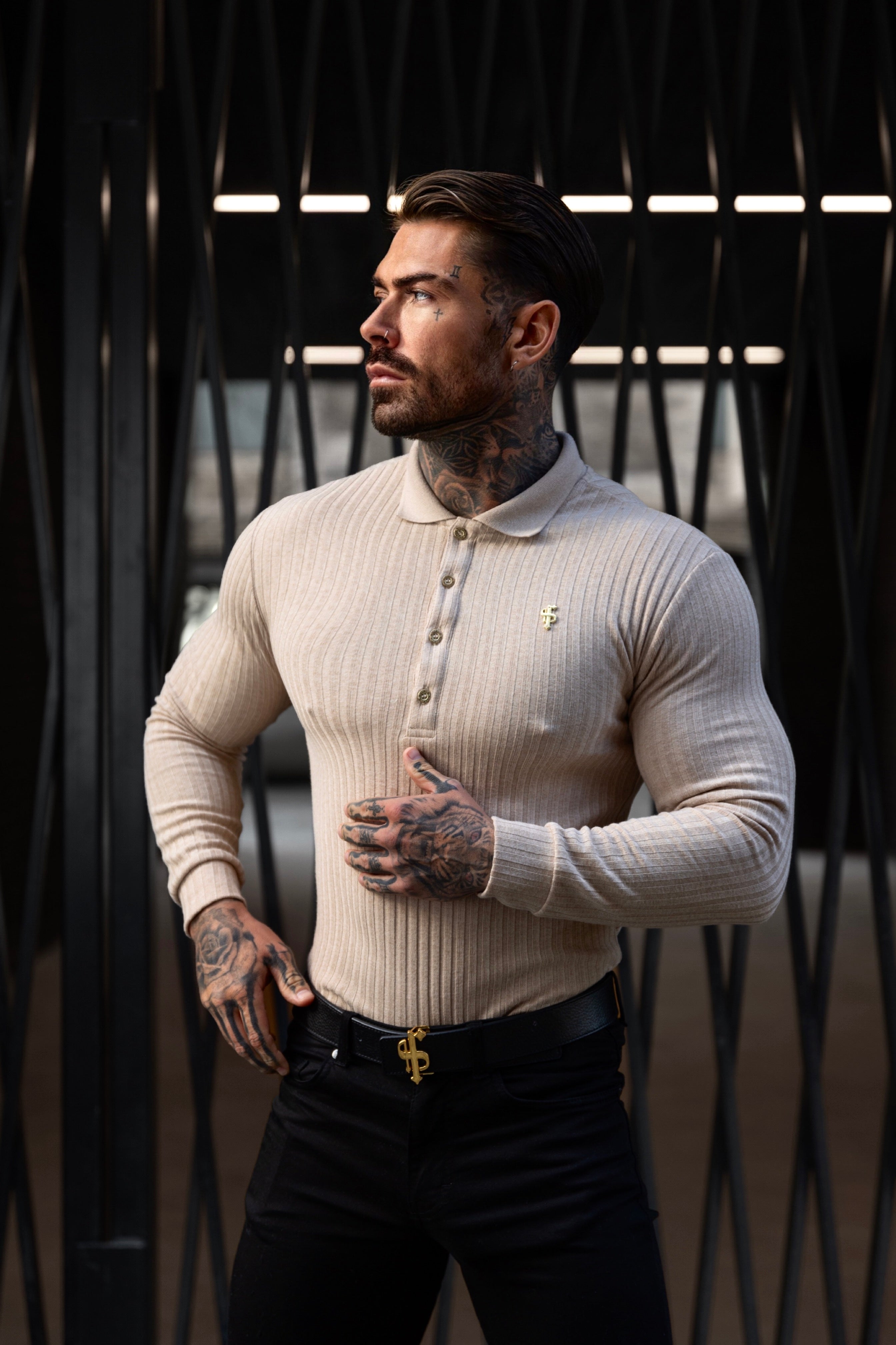 Classic Beige Ribbed Polo Shirt Long Sleeve With Gold Decal - FSH969