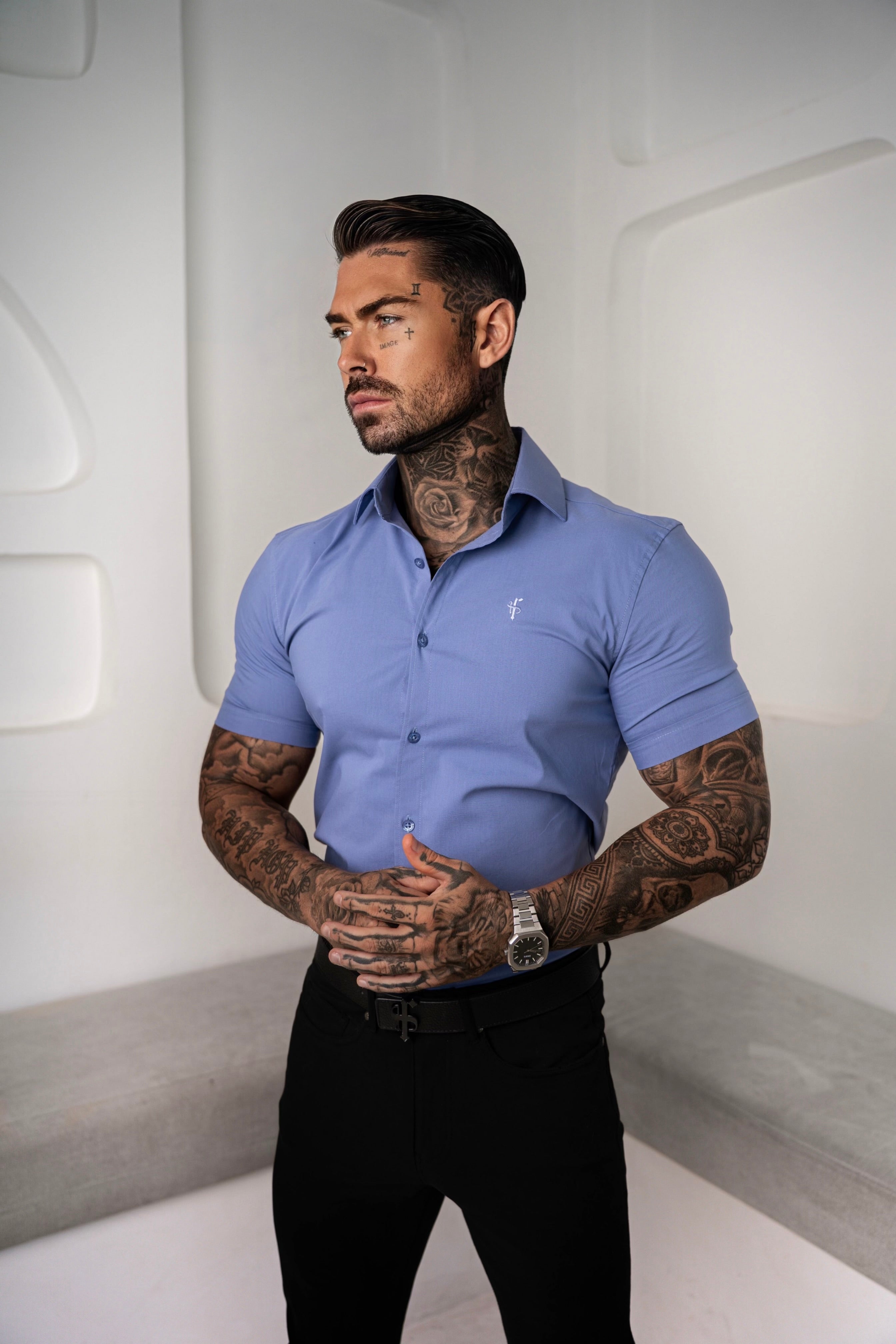 Muscle Fit Advanced Stretch Mid Blue Short Sleeve with Cutaway Collar - FS1203