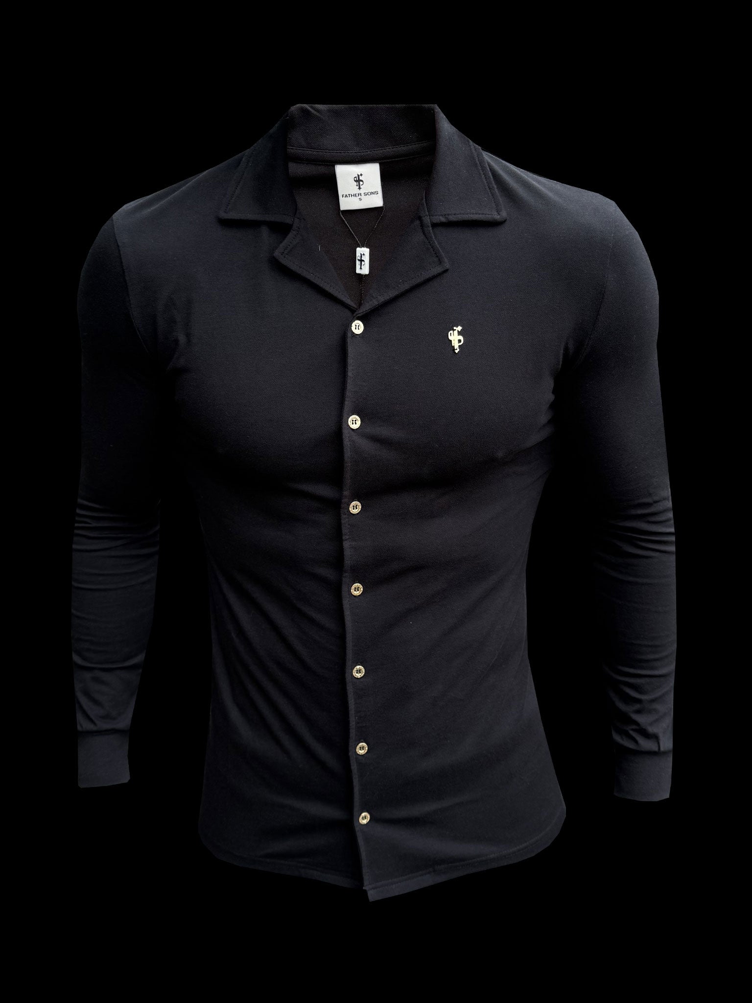 Stretch Black Pique Revere Shirt Long Sleeve - FSH1207