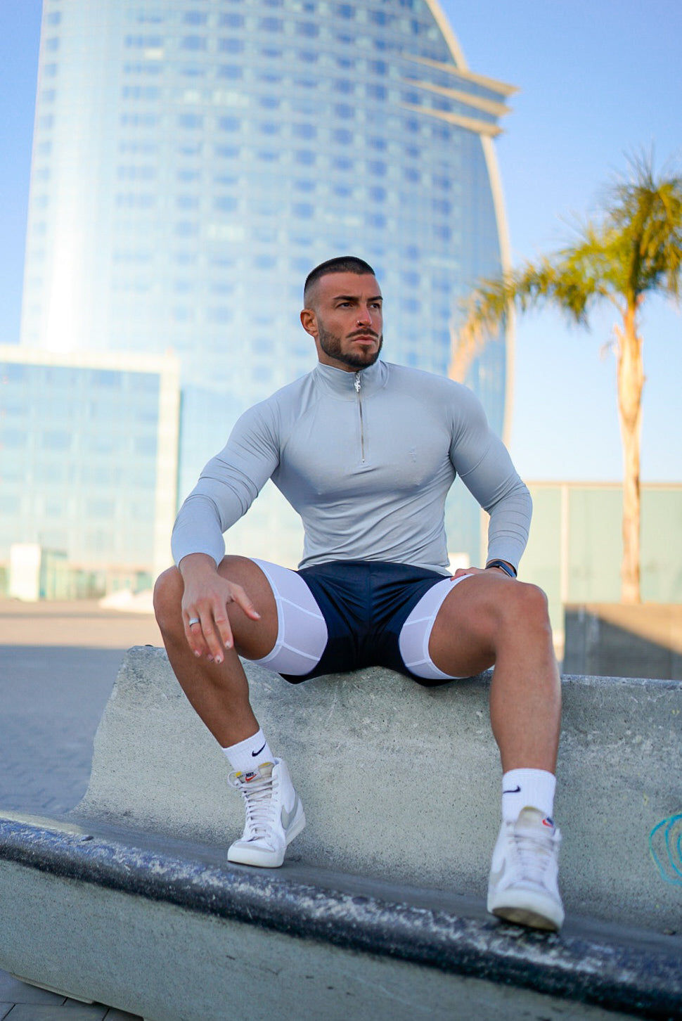 Long Sleeve Light Grey / Silver Half Zip Gym Top - FSH890