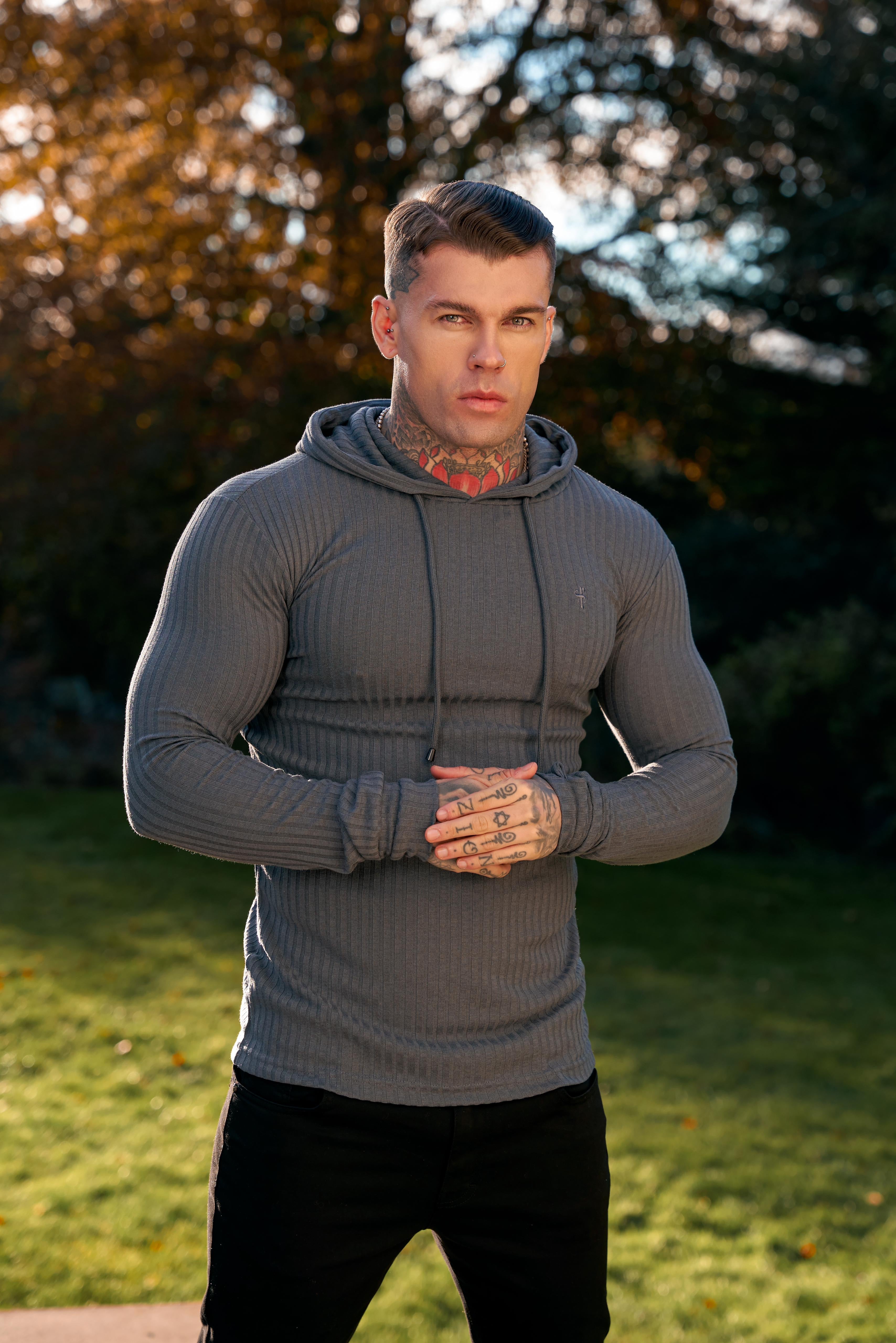 Classic Dark Grey Ribbed Knit Hoodie Jumper - FSH906