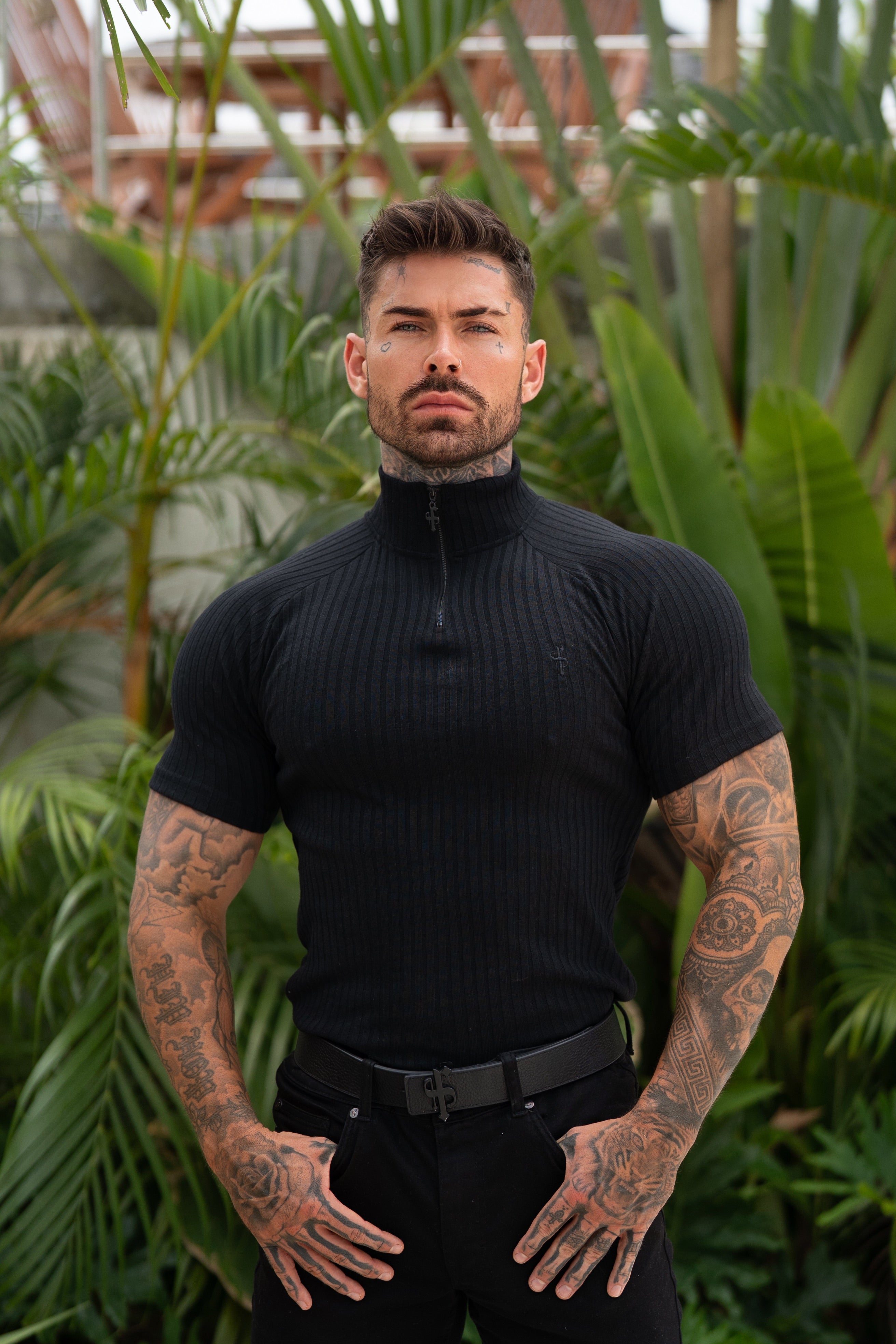 Classic Black Ribbed Zip Funnel Neck Raglan Short Sleeve Crew - FSH729