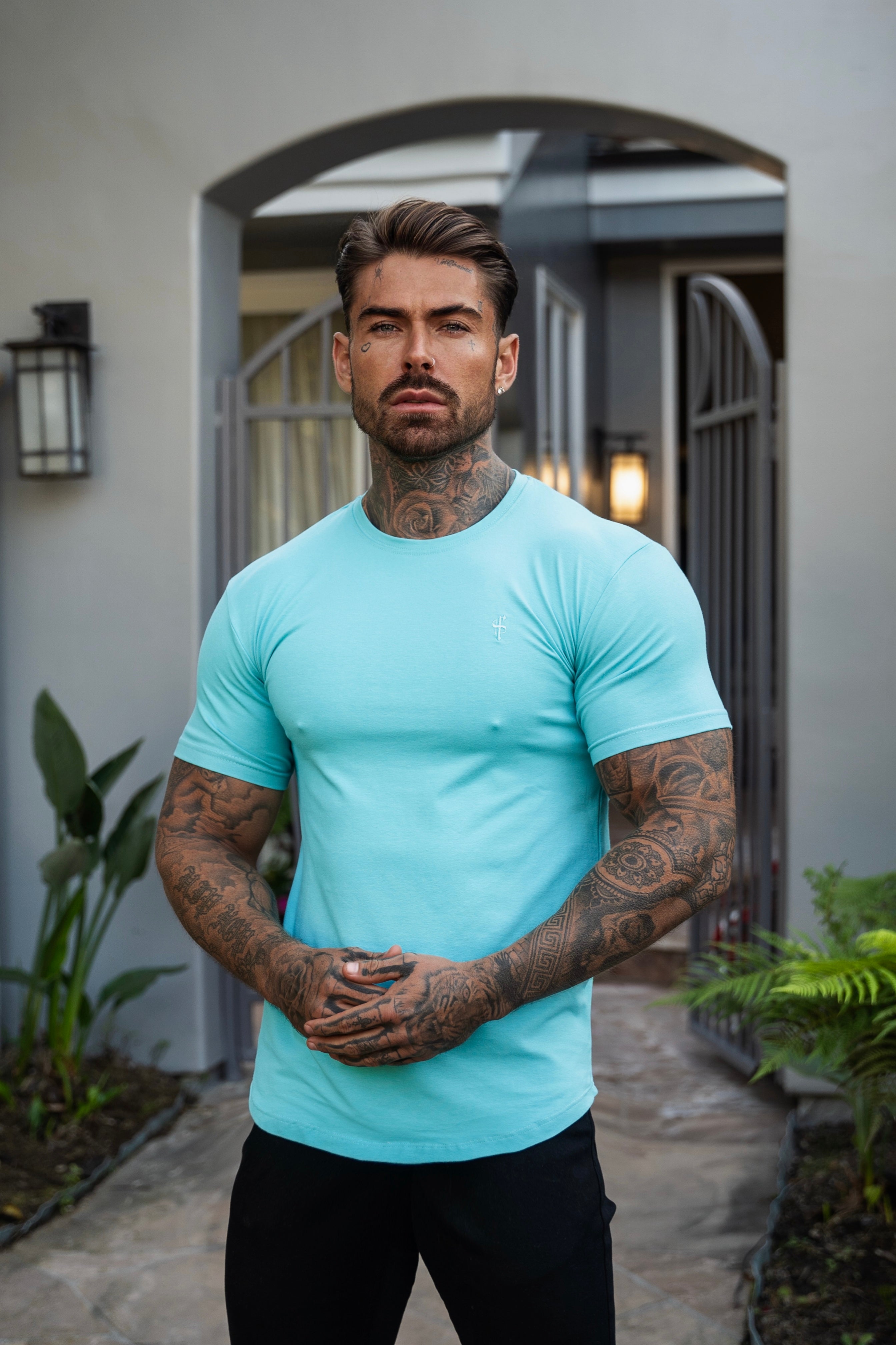 Classic Turquoise Curved Hem Crew T Shirt - FSH1153