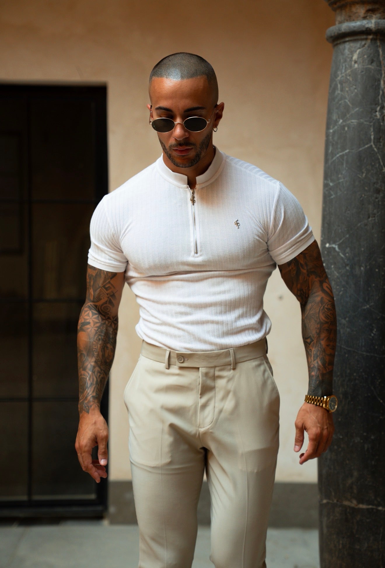 Classic White / Silver Ribbed Zip Grandad Collar Shirt Short Sleeve - FSH1447