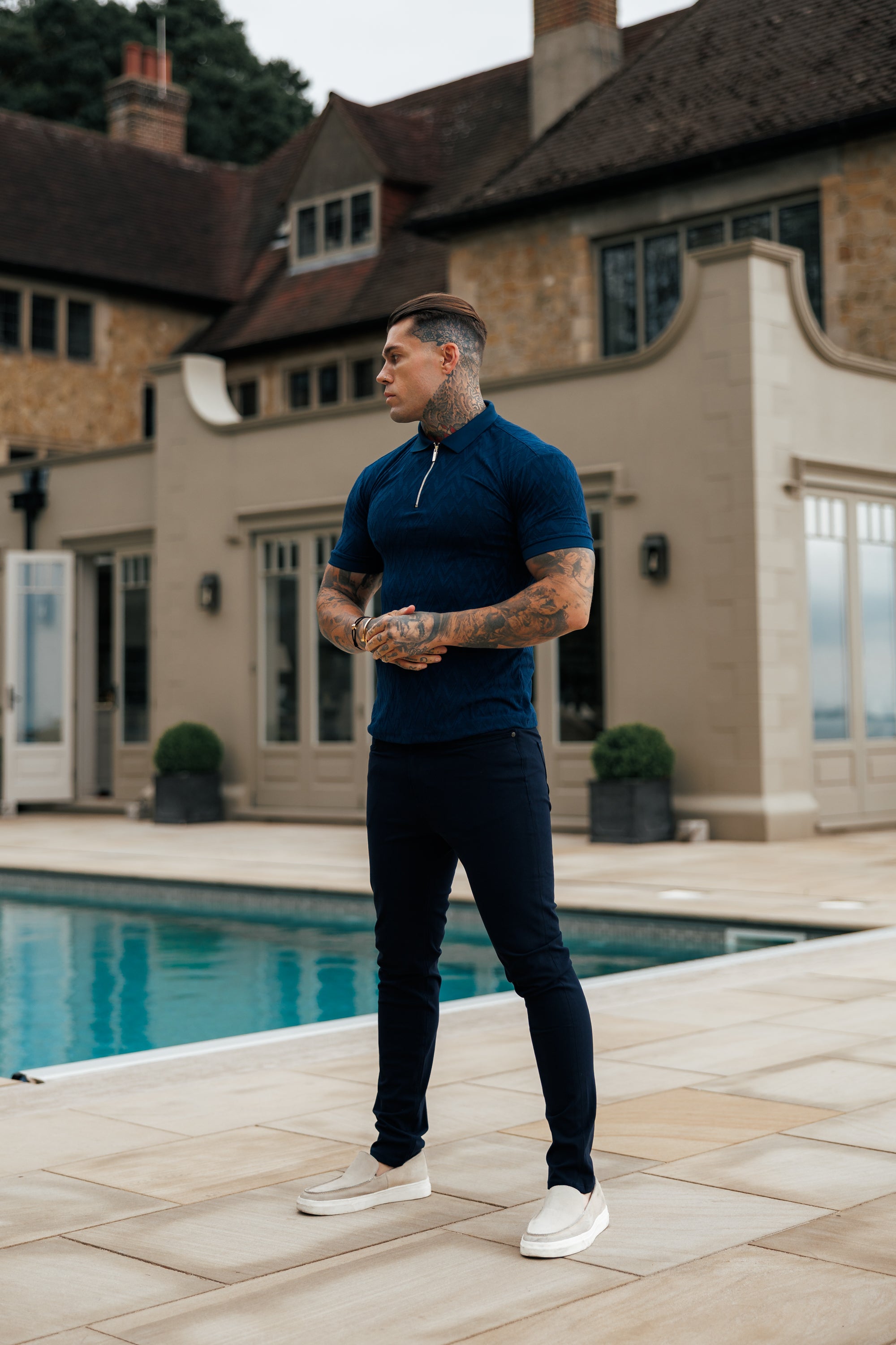 Classic Jacquard Navy Chevron Zipped Polo - FSR021 (PRE ORDER 27TH JULY)