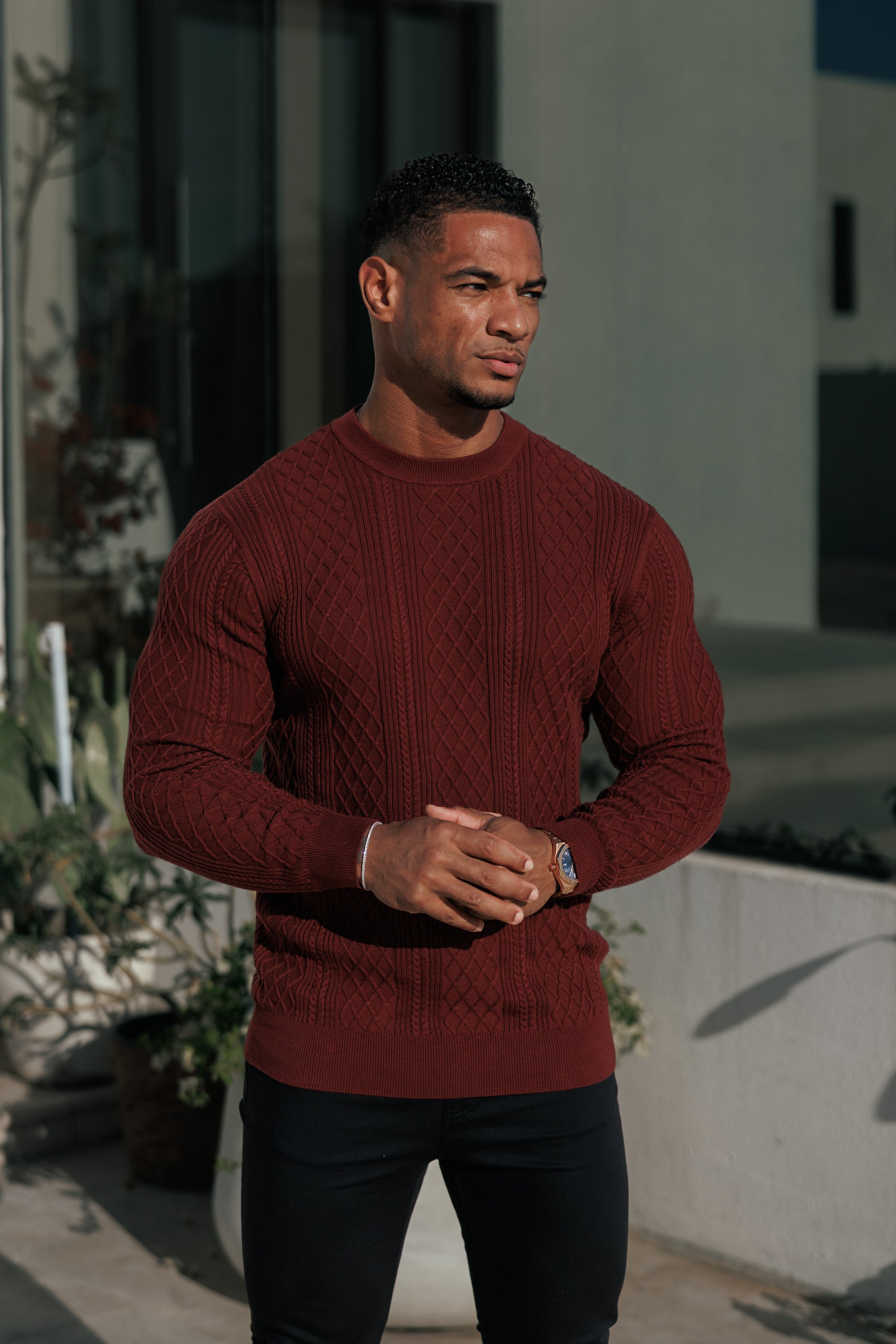 Fine Knit Diamond Burgundy Jumper Long Sleeve - FSA008