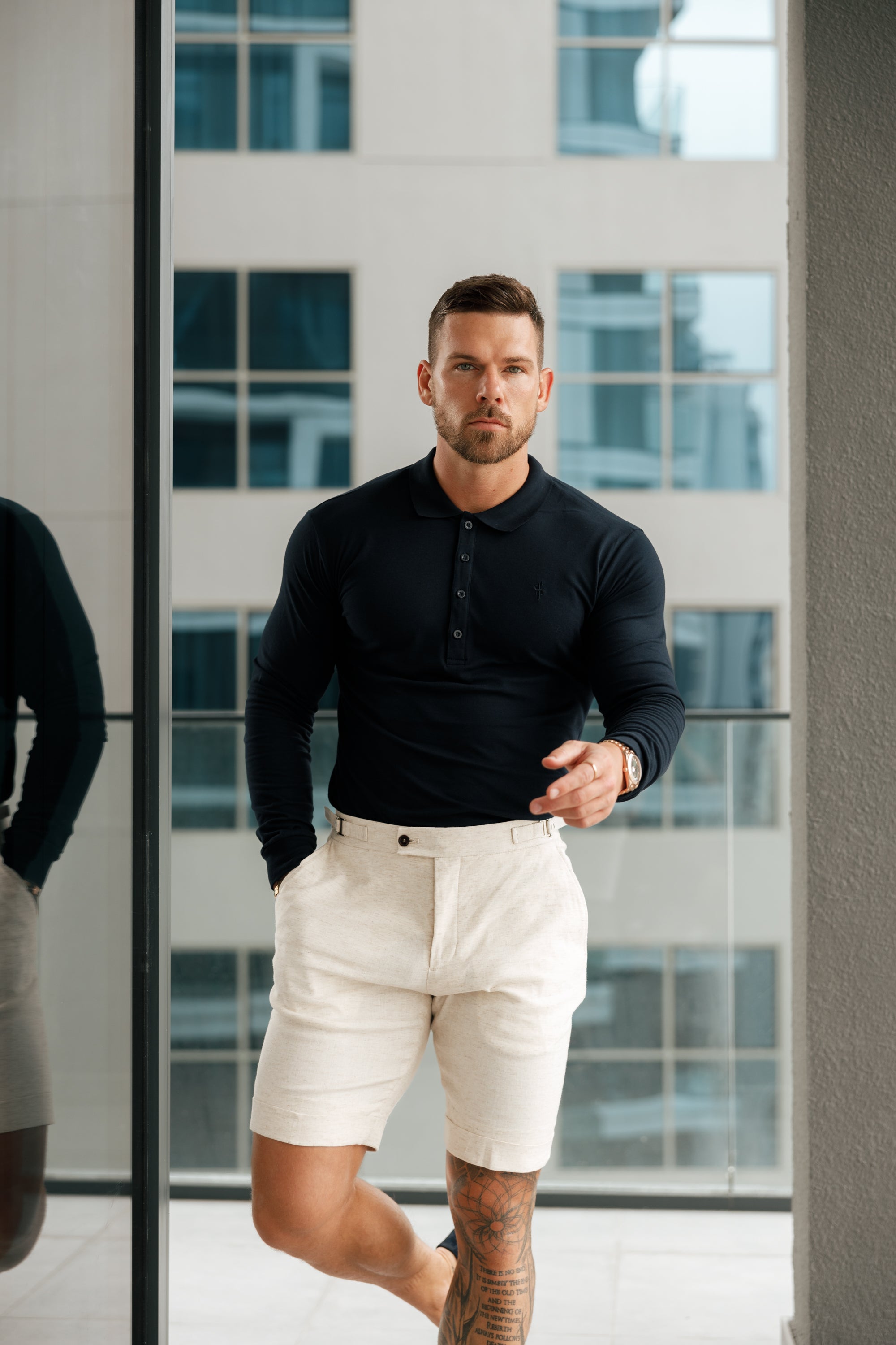 Classic Navy Tonal Polo Long Sleeve Shirt - FSH861