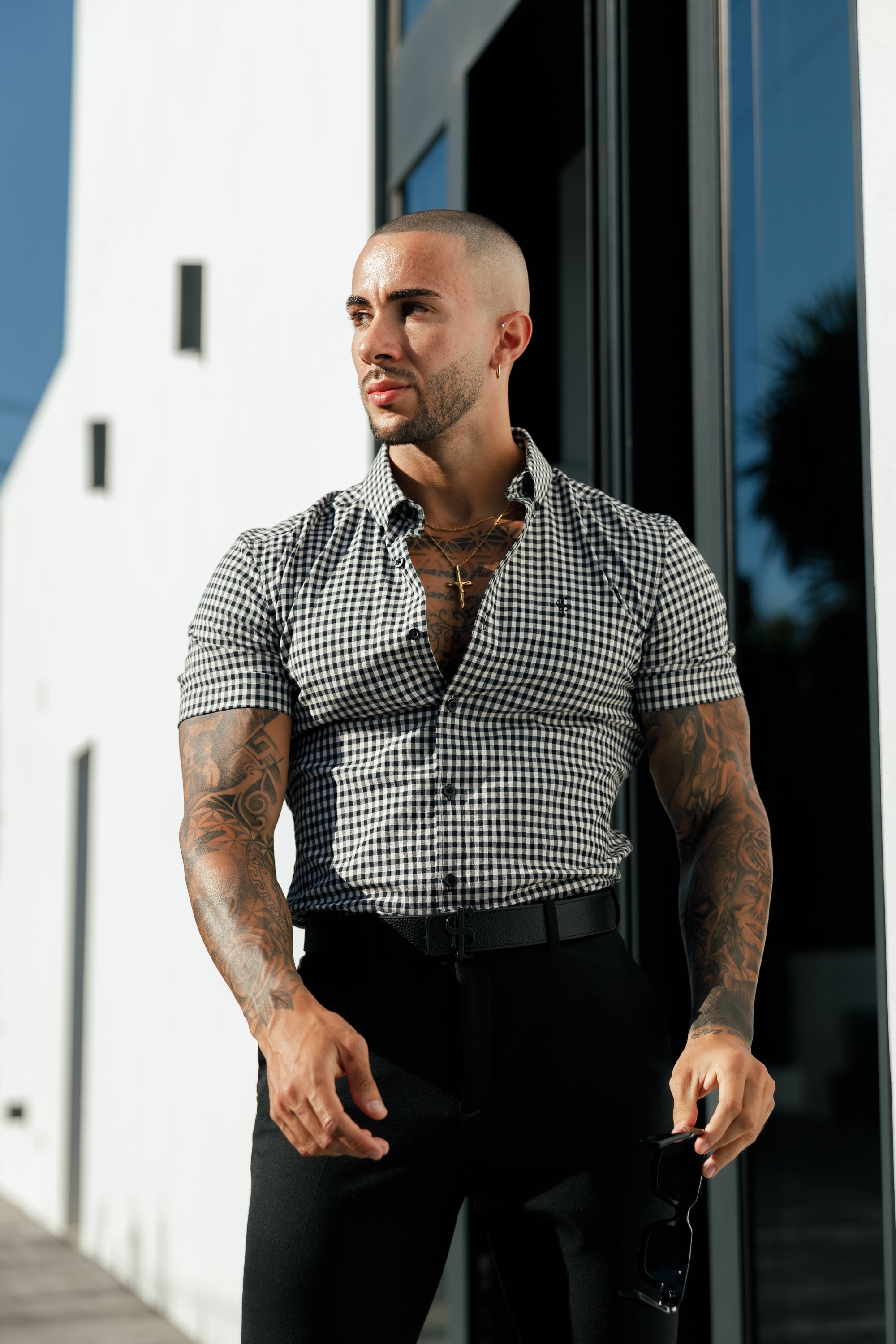 Super Slim Stretch White / Black Check Short Sleeve with Button Down Collar - FS1070