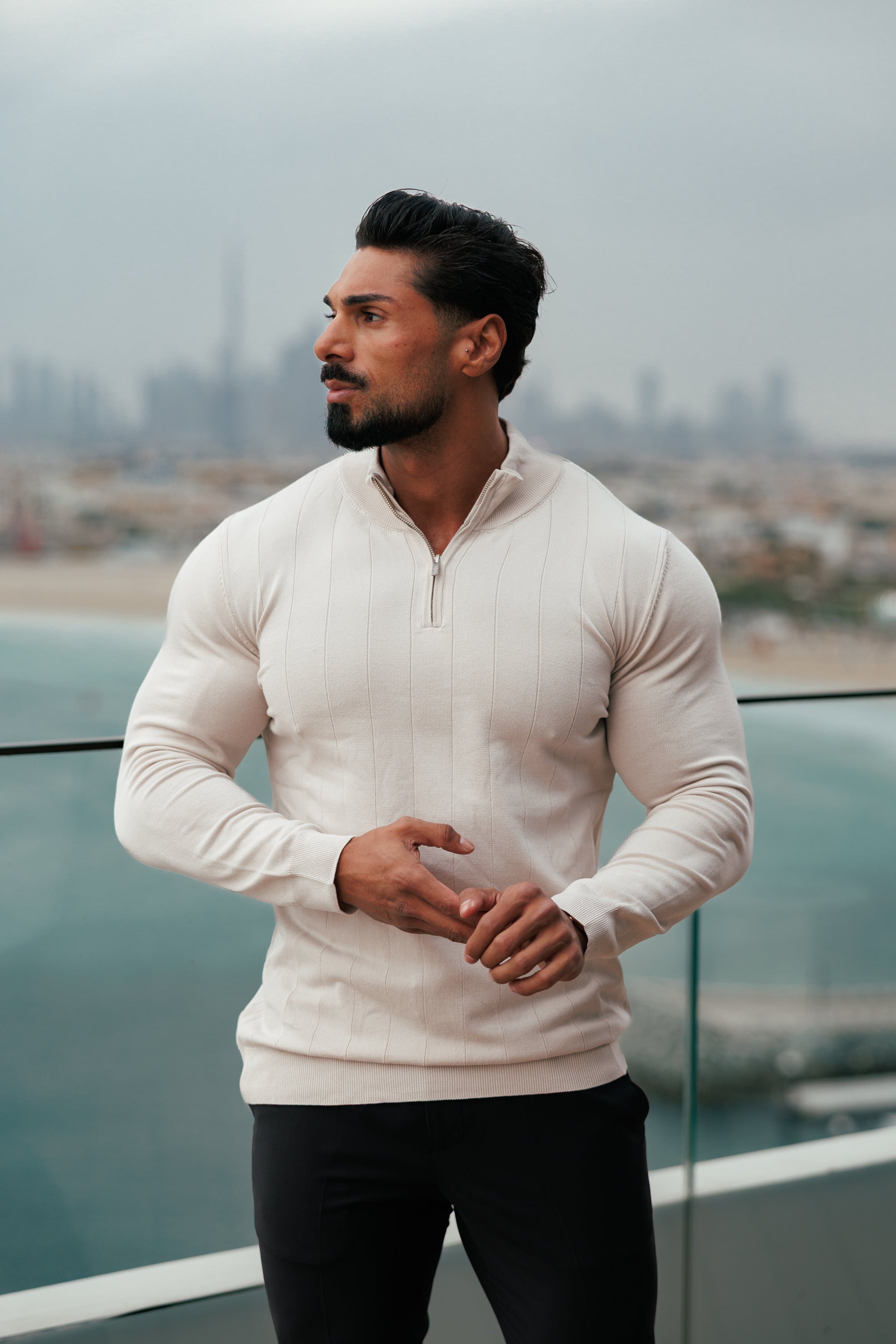 Self Stripe 1/4 Zip Funnel Neck Knit Jumper Cream Long Sleeve - FSR052