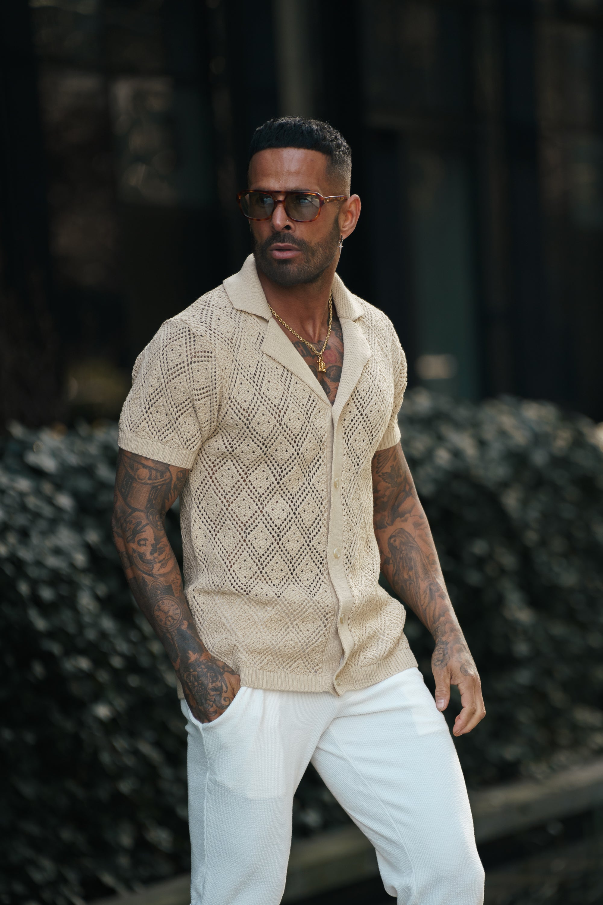 Crochet Shirt Honesty Beige Short Sleeve - FSJ076