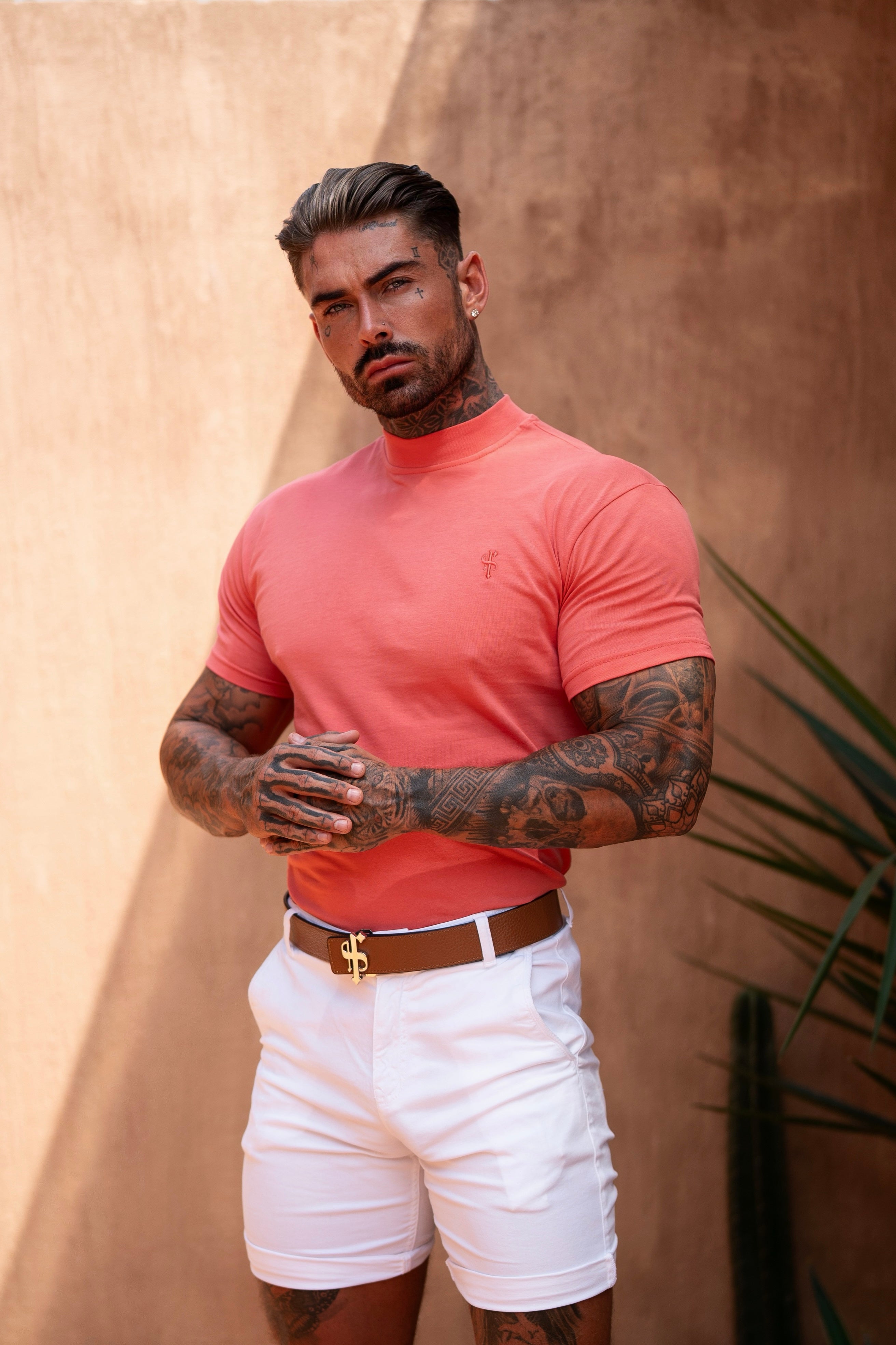 Ribbed High Neck Crew Short Sleeve Coral - FSH1143