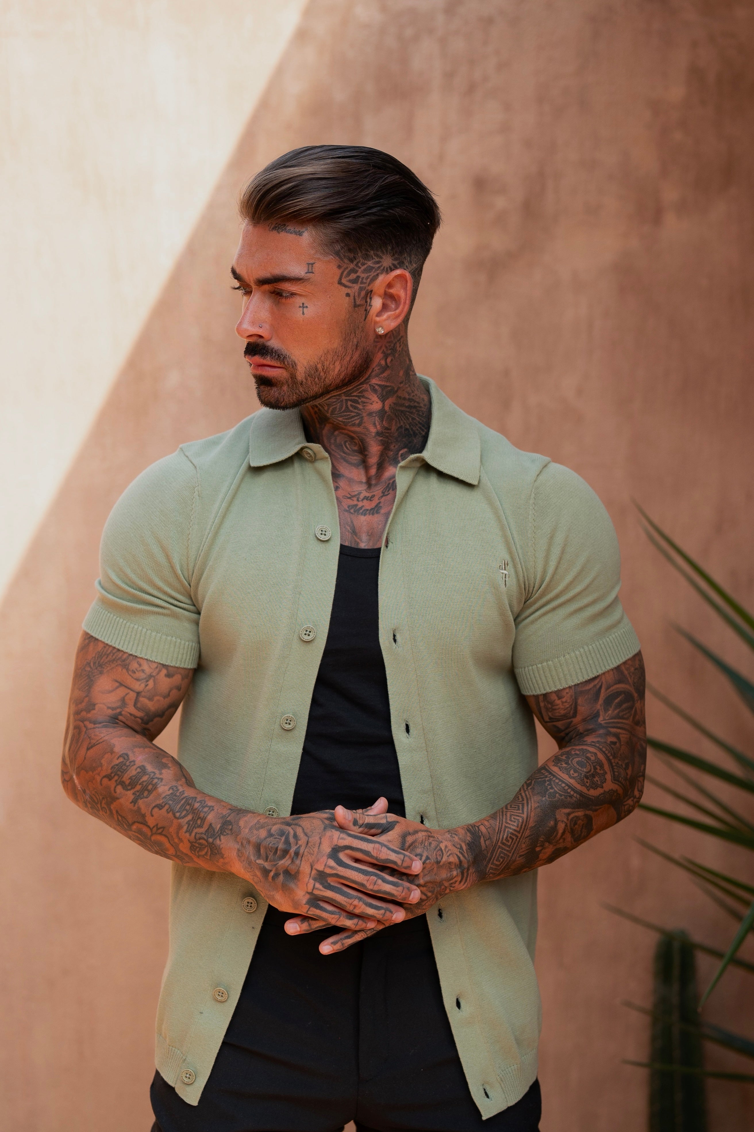 Classic Plain Olive Knitted Button Through Polo Short Sleeve - FSN162
