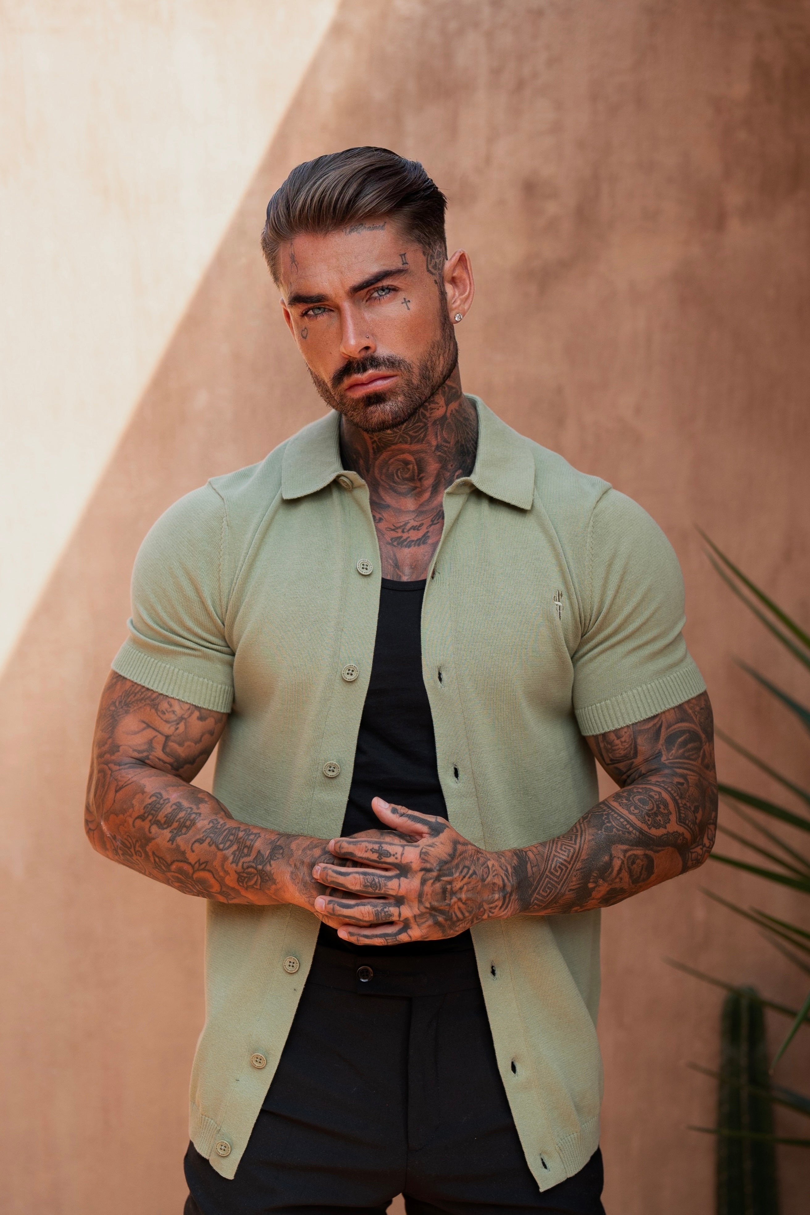 Classic Plain Olive Knitted Button Through Polo Short Sleeve - FSN162