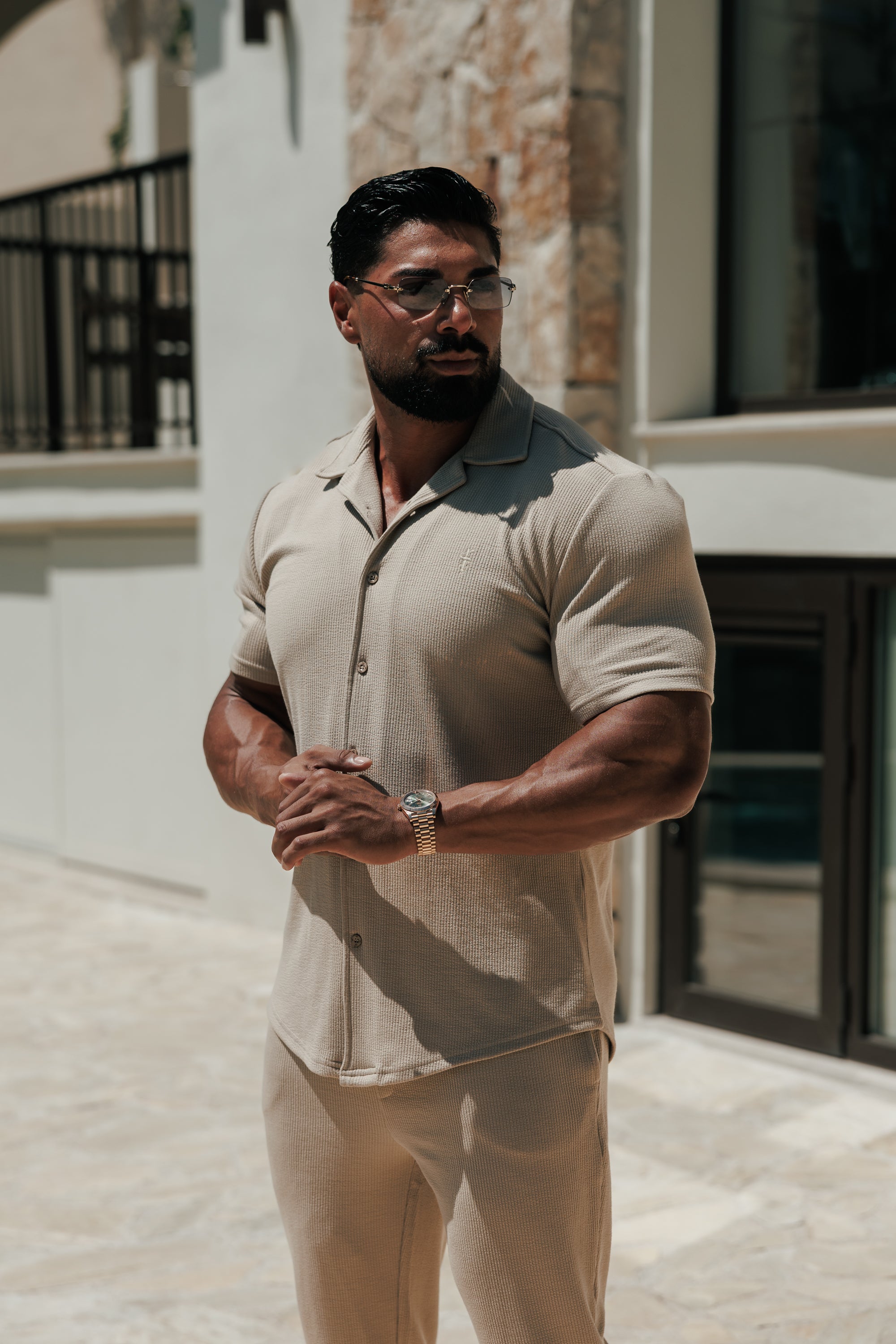 Jersey Cord Stretch Beige Revere Shirt Short Sleeve - FSR073 (PRE ORDER 27TH JULY)