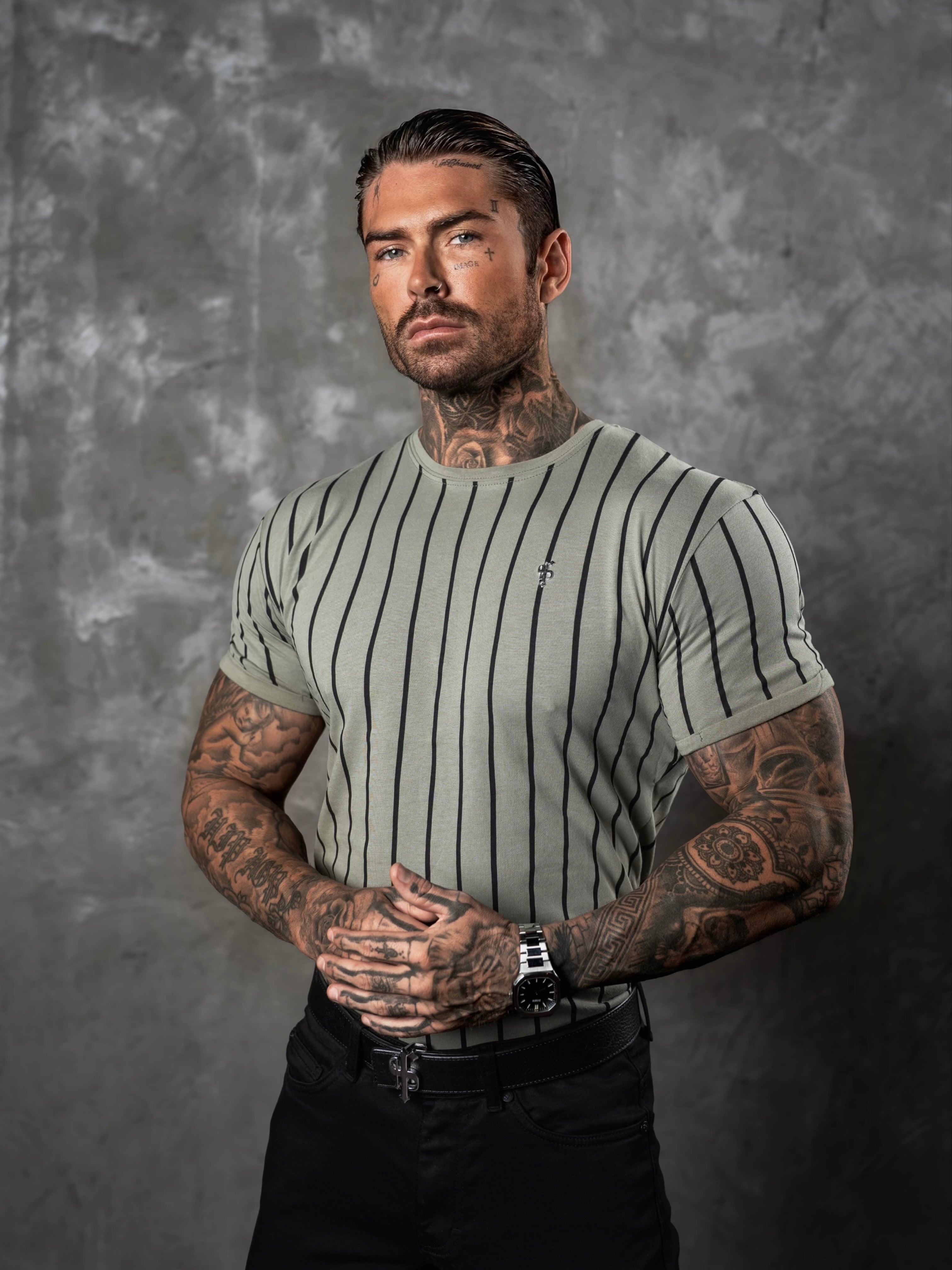 Printed Olive / Black Stripe Fitted T Shirt - FSH1374