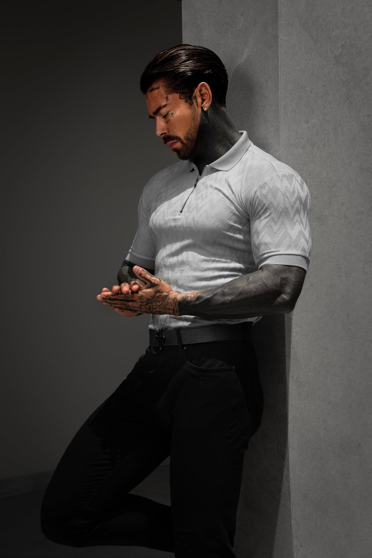 Classic Jacquard Light Grey Chevron Zipped Polo - FSR063