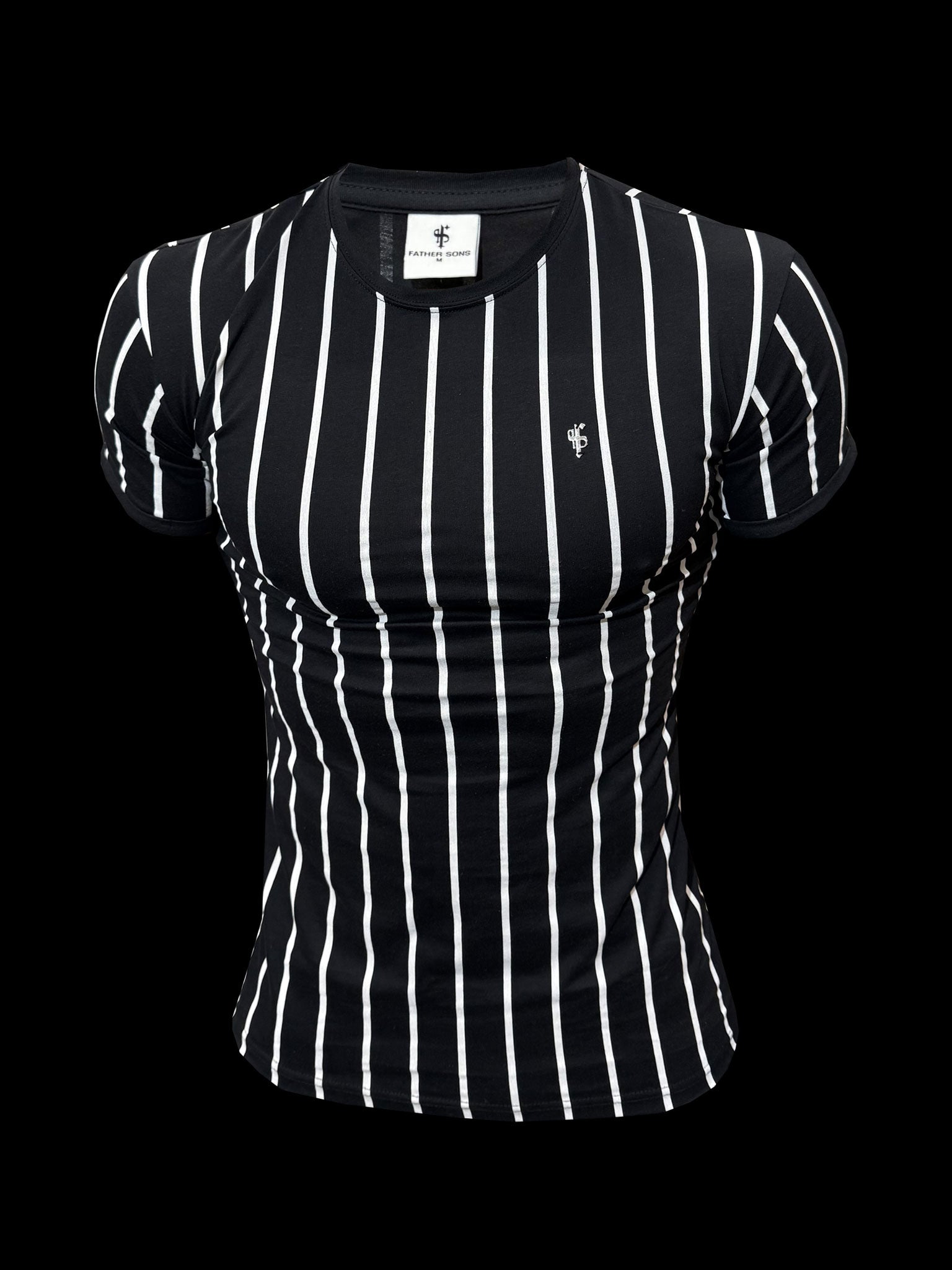 Printed Black / White Stripe Fitted T Shirt - FSH1167