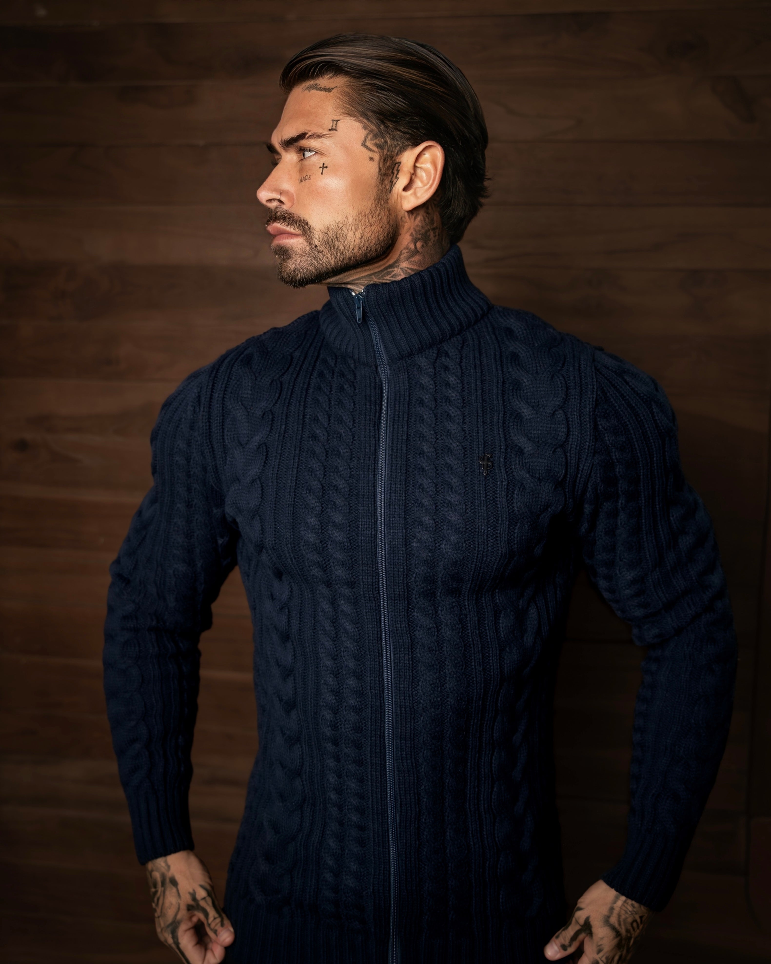 Funnel Neck Full Zip Cardigan Dark Navy - FSJ146