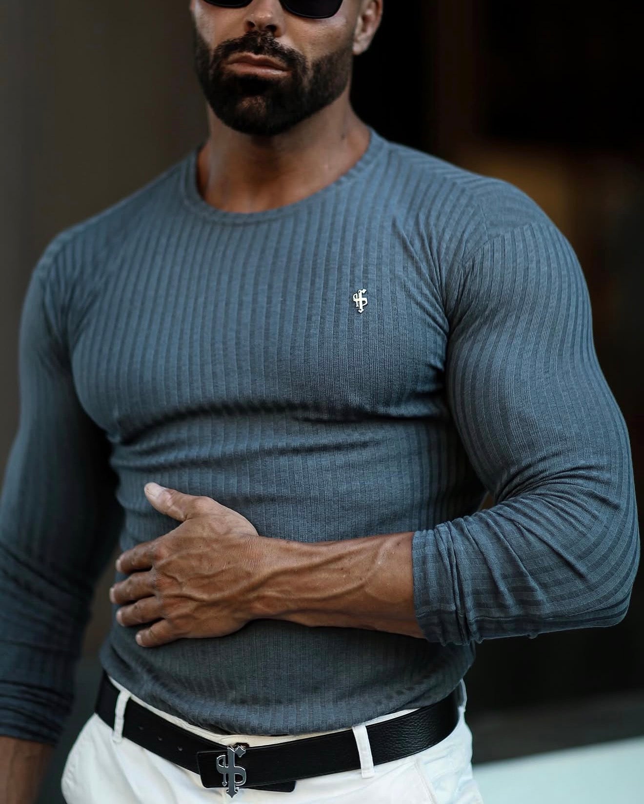 Father Sons Classic Charcoal Ribbed Knit Sweater With Silver Metal Emblem - FSH947