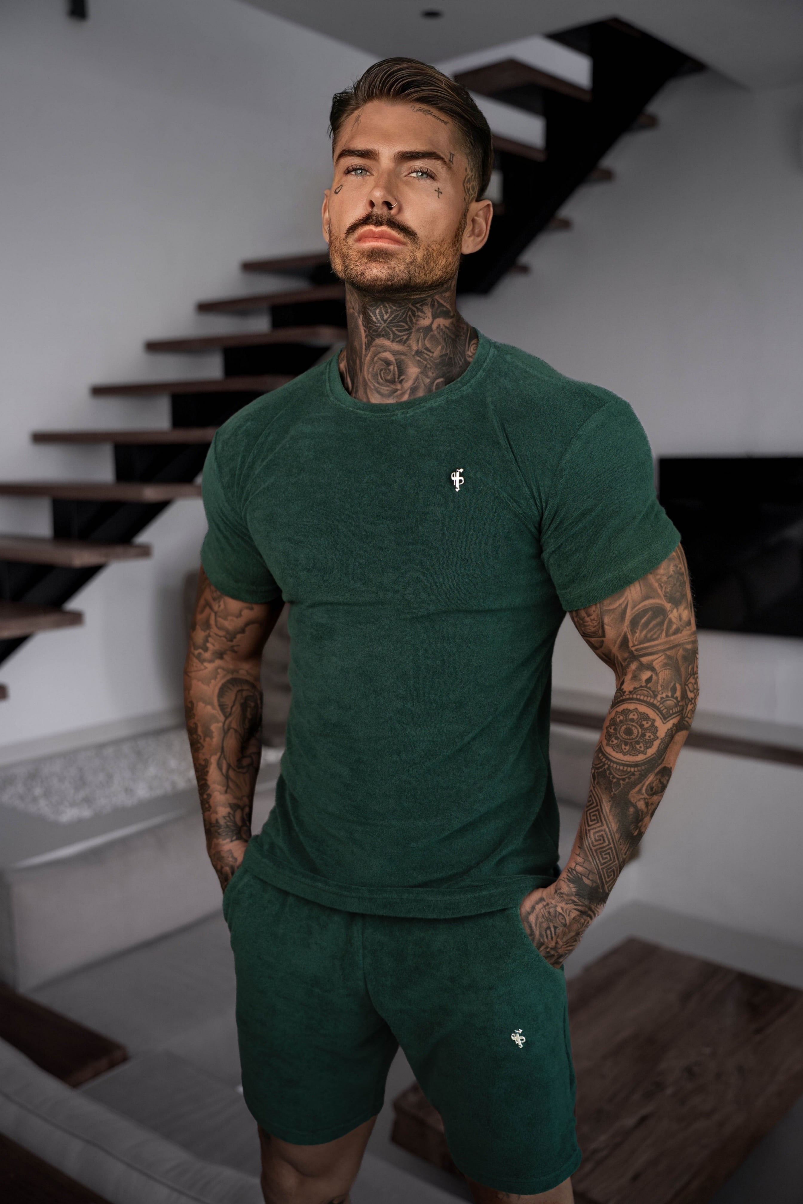 Forest Green / Silver Towelling Crew T Shirt - FSH1347