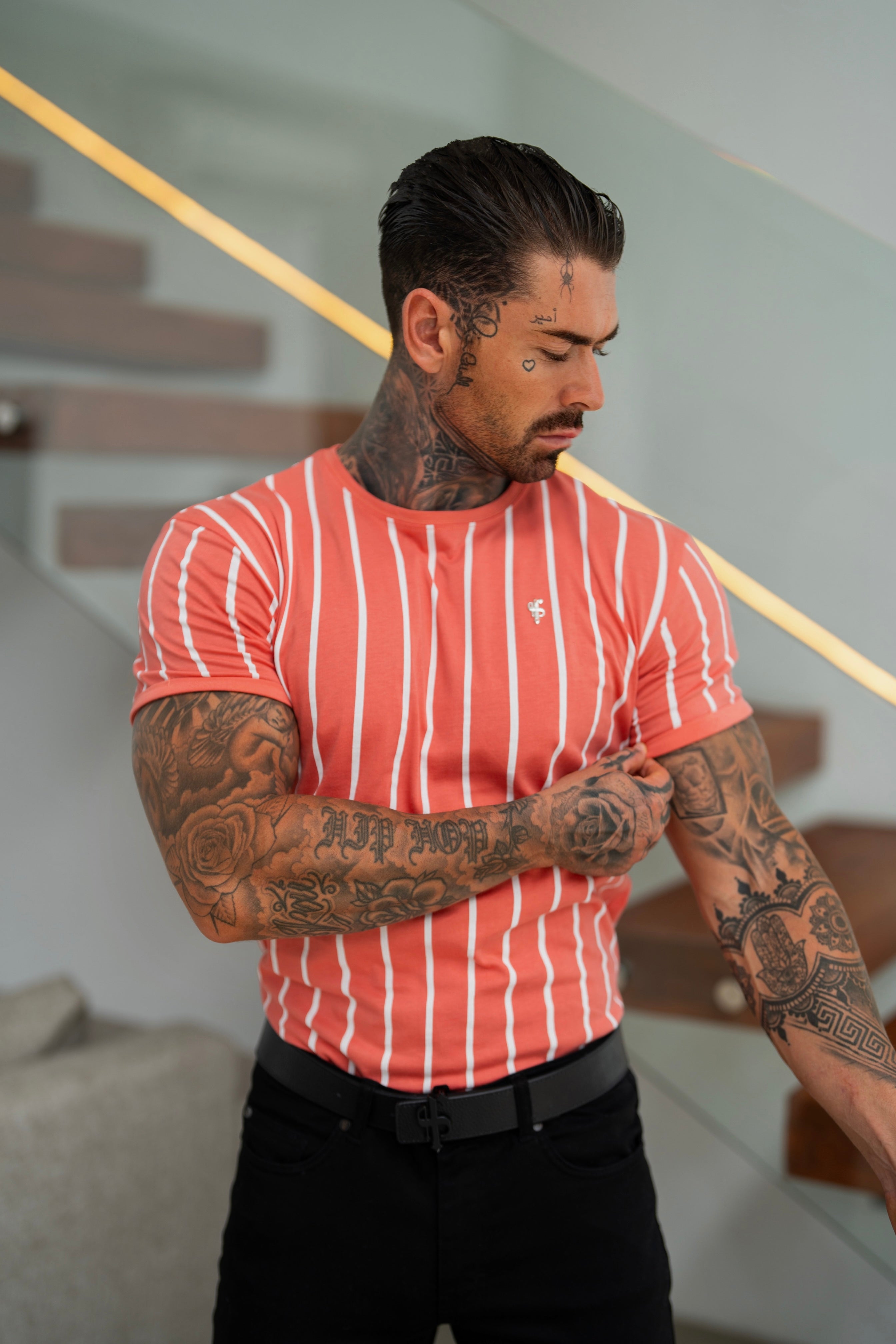 Printed Coral / White Stripe Fitted T Shirt - FSH1171