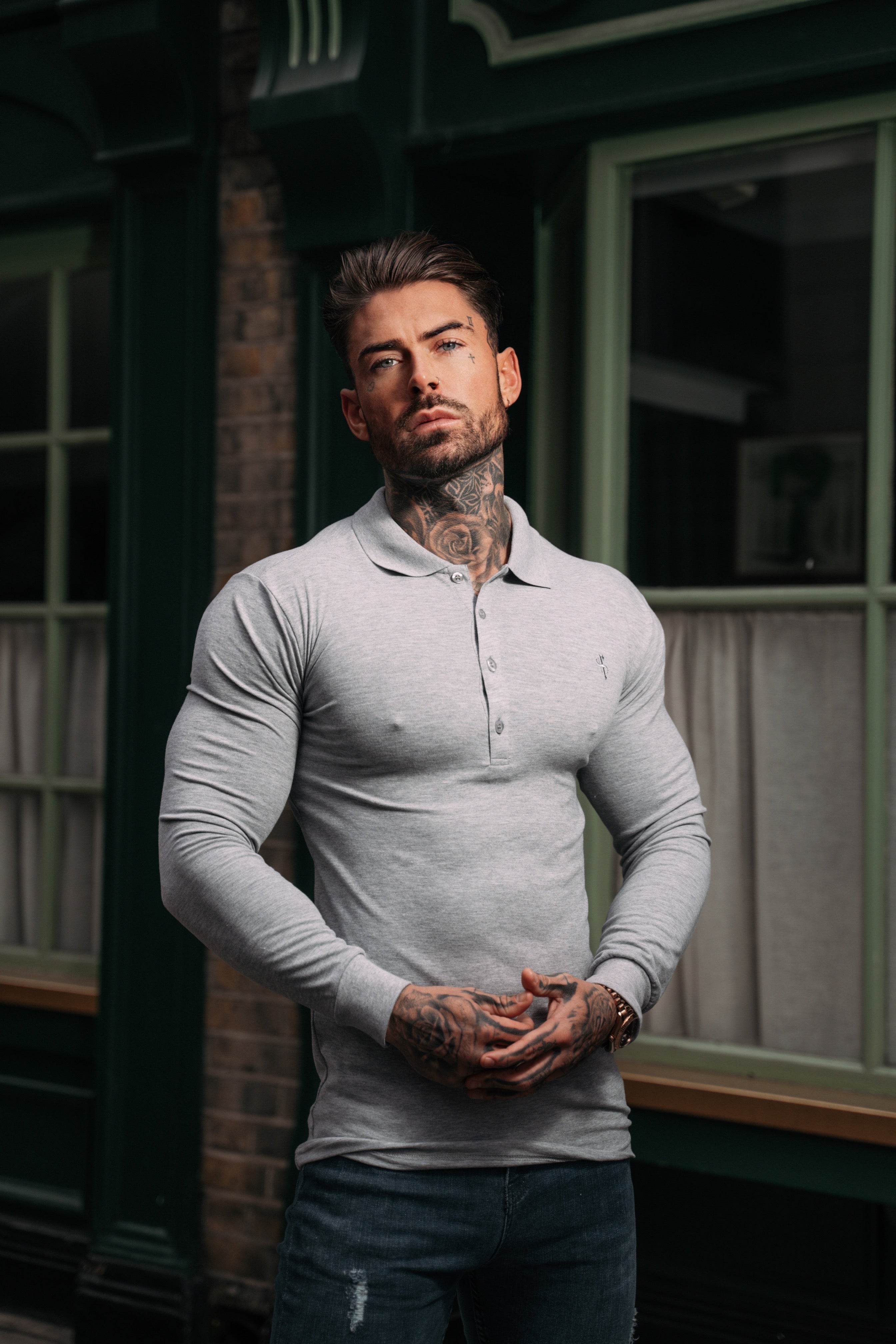 Classic Light Grey Tonal Polo Long Sleeve Shirt - FSH859
