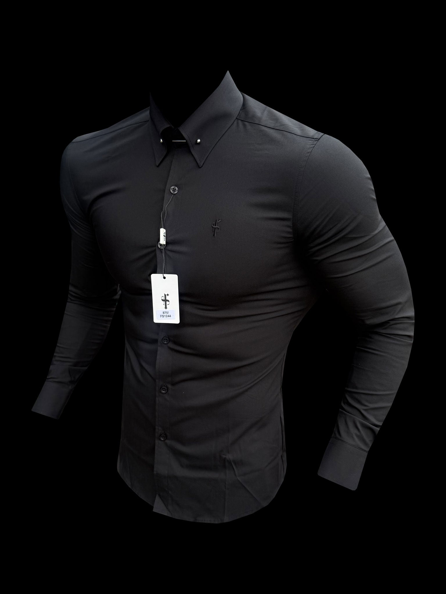 Muscle Fit Advanced Stretch Black Shirt with Silver Pin Collar - FS1244