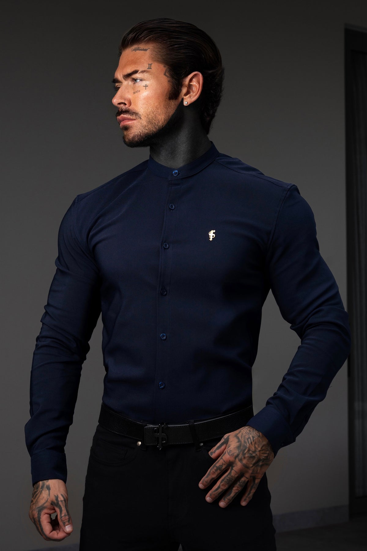 Super Slim Scuba Navy Long Sleeve Stretch With Grandad Collar With Gold Decal - FS1265