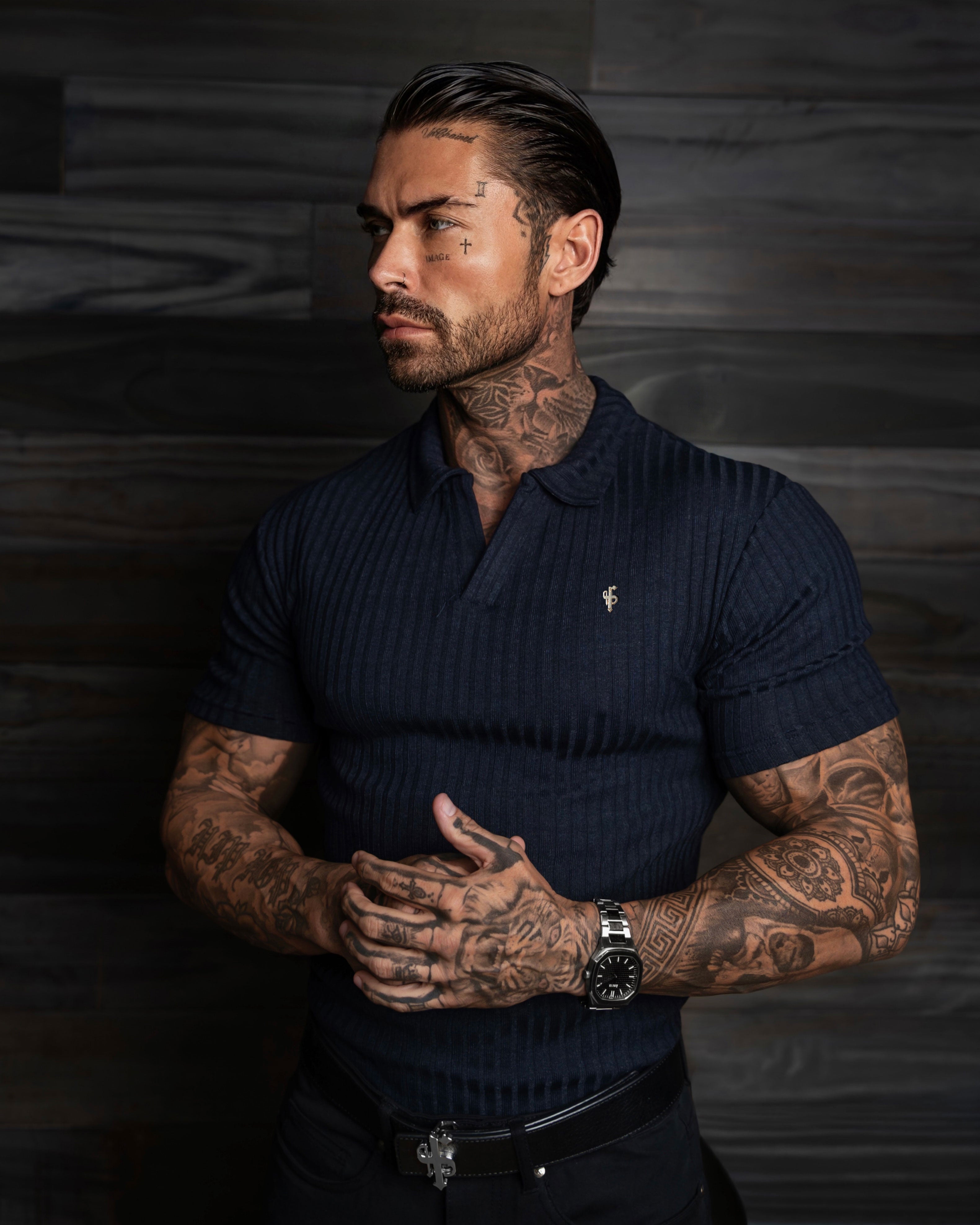 Navy / Gold Emblem Ribbed Revere Polo Shirt Short Sleeve - FSH1457