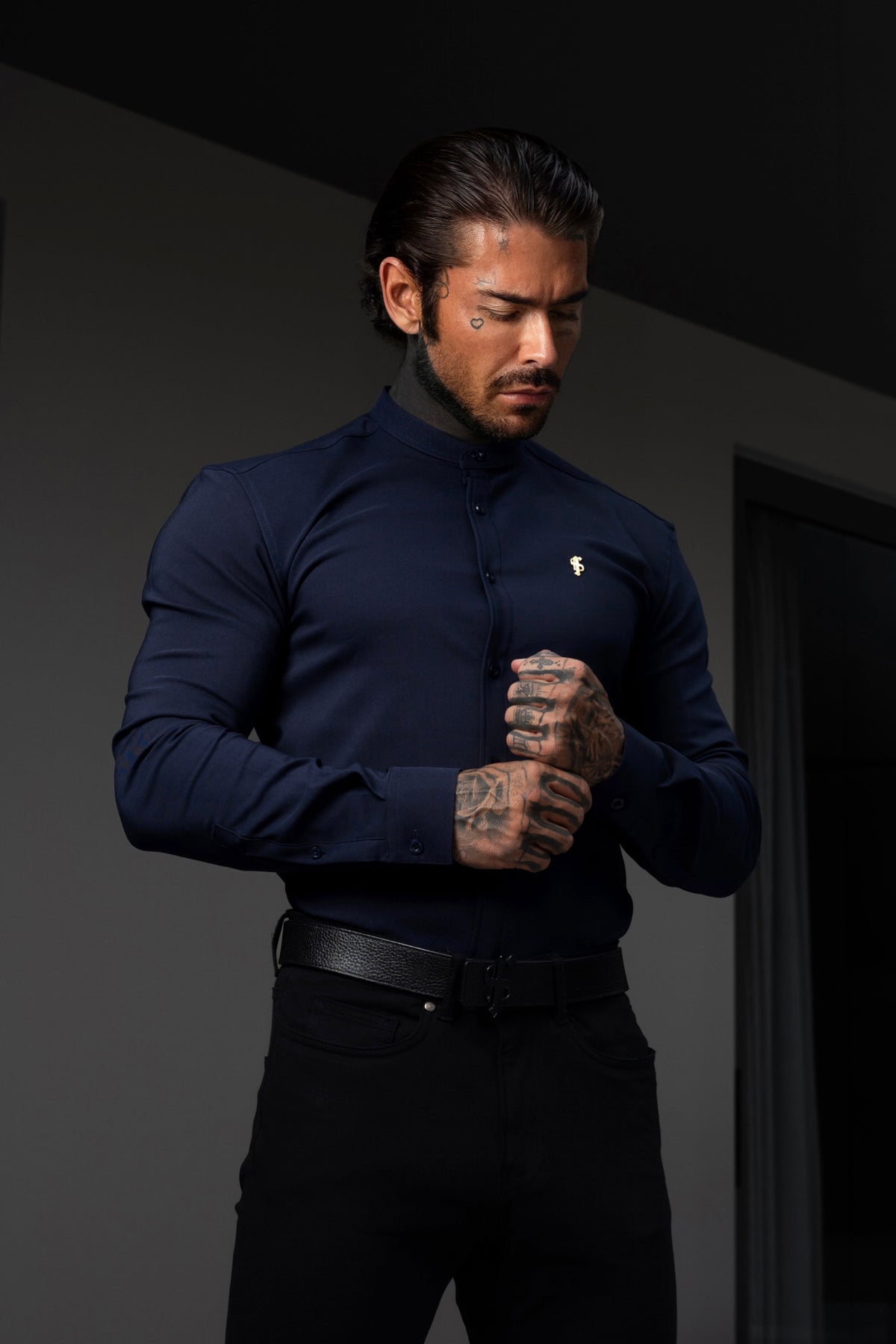Super Slim Scuba Navy Long Sleeve Stretch With Grandad Collar With Gold Decal - FS1265