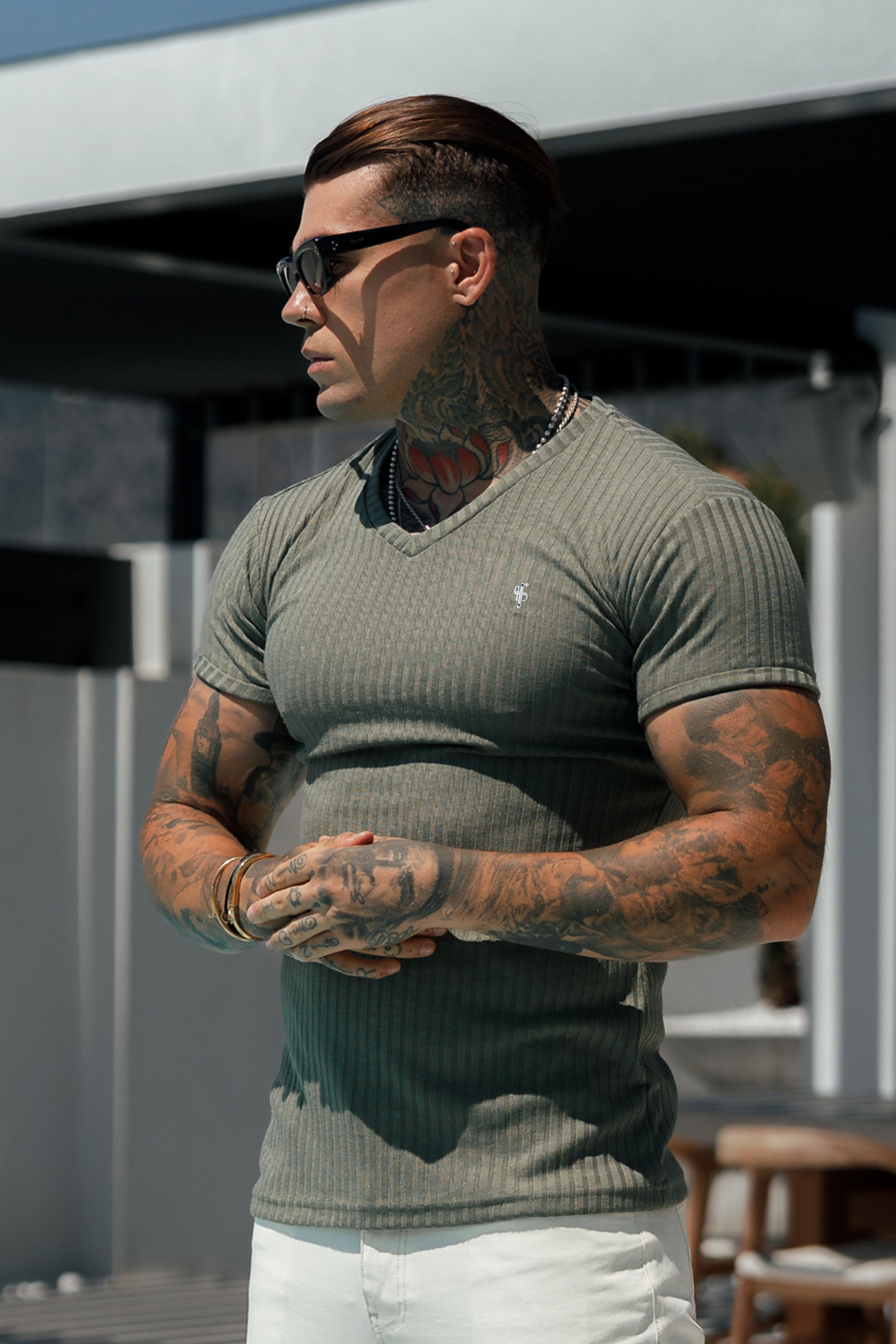 Classic Olive / Black V Neck Ribbed Crew - FSH1130