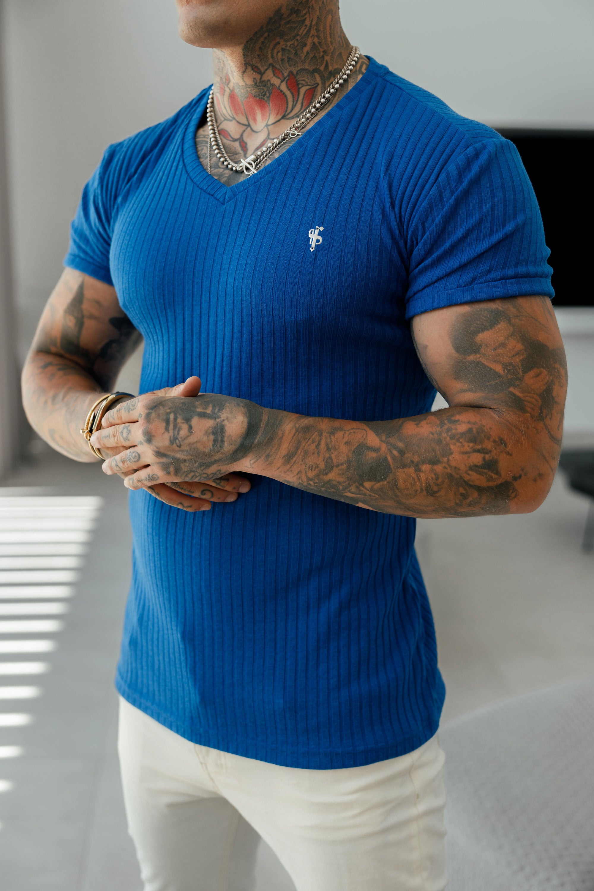 Classic Royal Blue / Silver V Neck Ribbed Crew - FSH1132