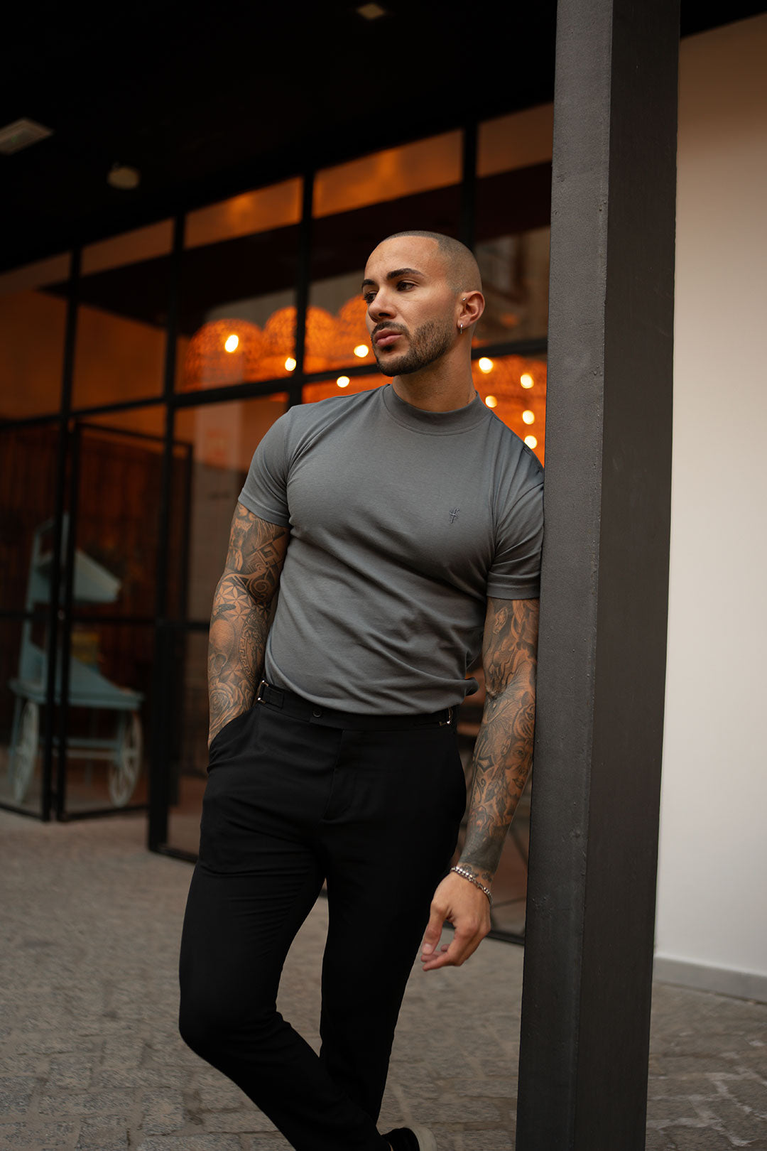 Ribbed High Neck Crew Short Sleeve Charcoal - FSH1140