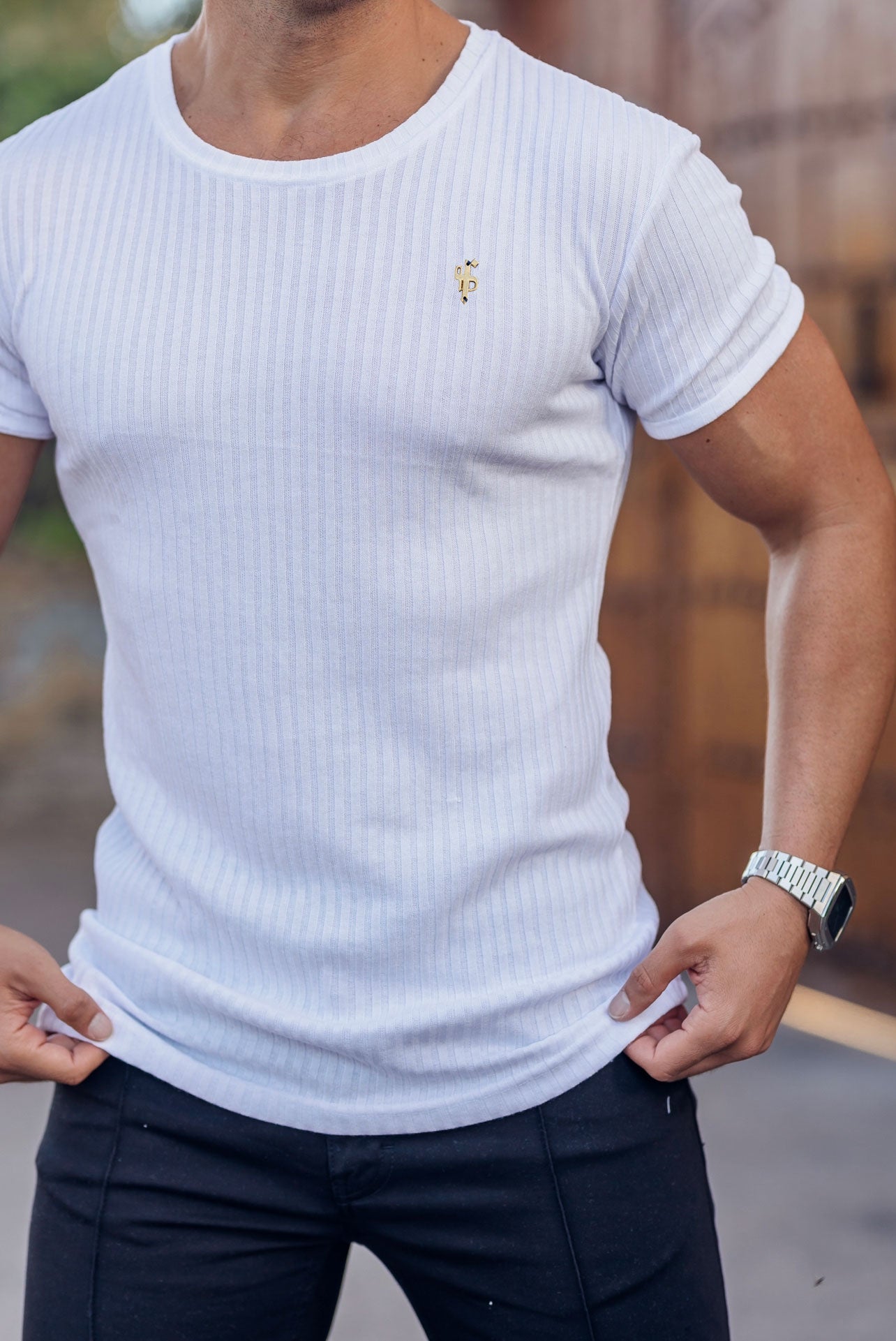White / Gold Ribbed Knit Super Slim Short Sleeve Crew T-Shirt - FSH1370C