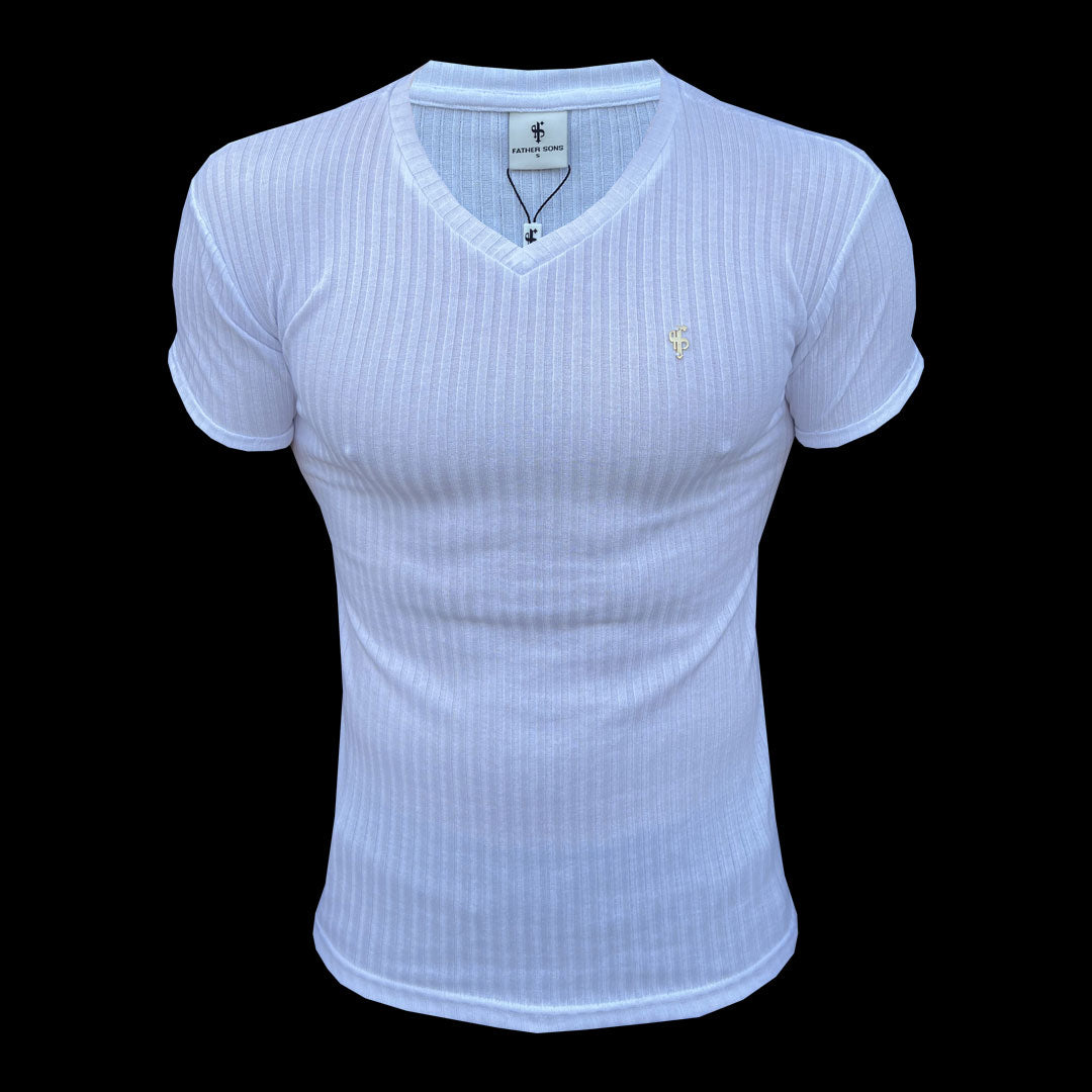 Classic White / Gold V Neck Ribbed Crew - FSH1125