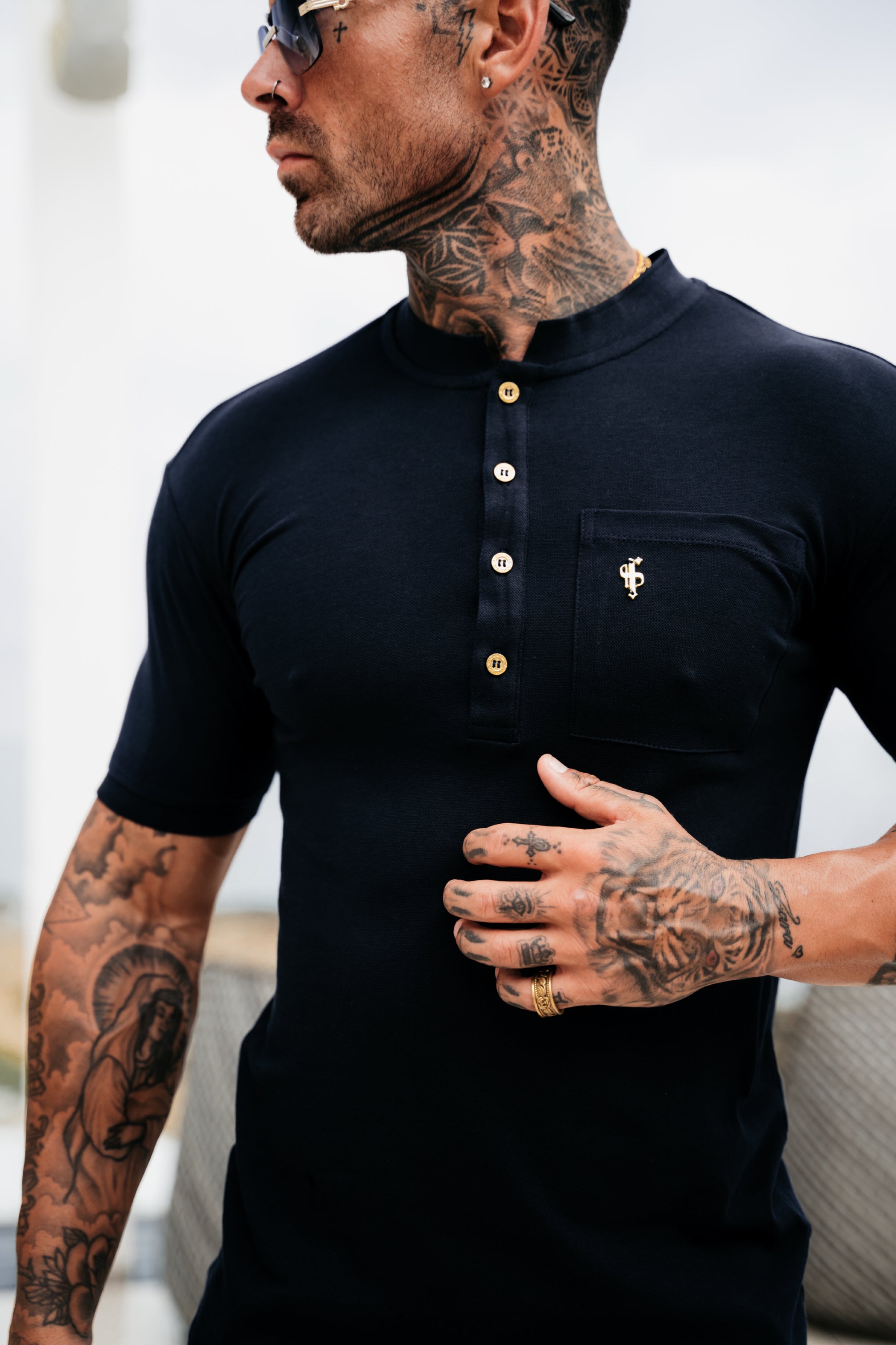 Classic Navy and Gold Grandad Polo Shirt With Pocket - FSH828