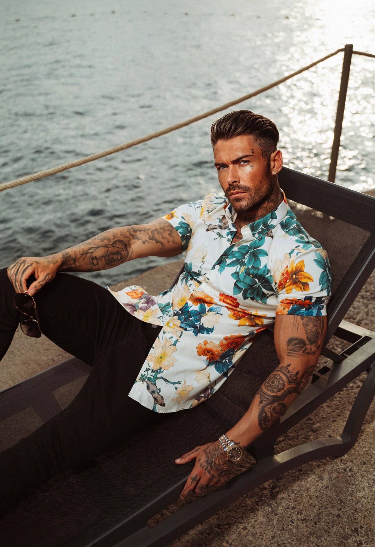 Super Slim Stretch Ecru with Vibrant Floral Print Short Sleeve with Button Down Collar - FS865